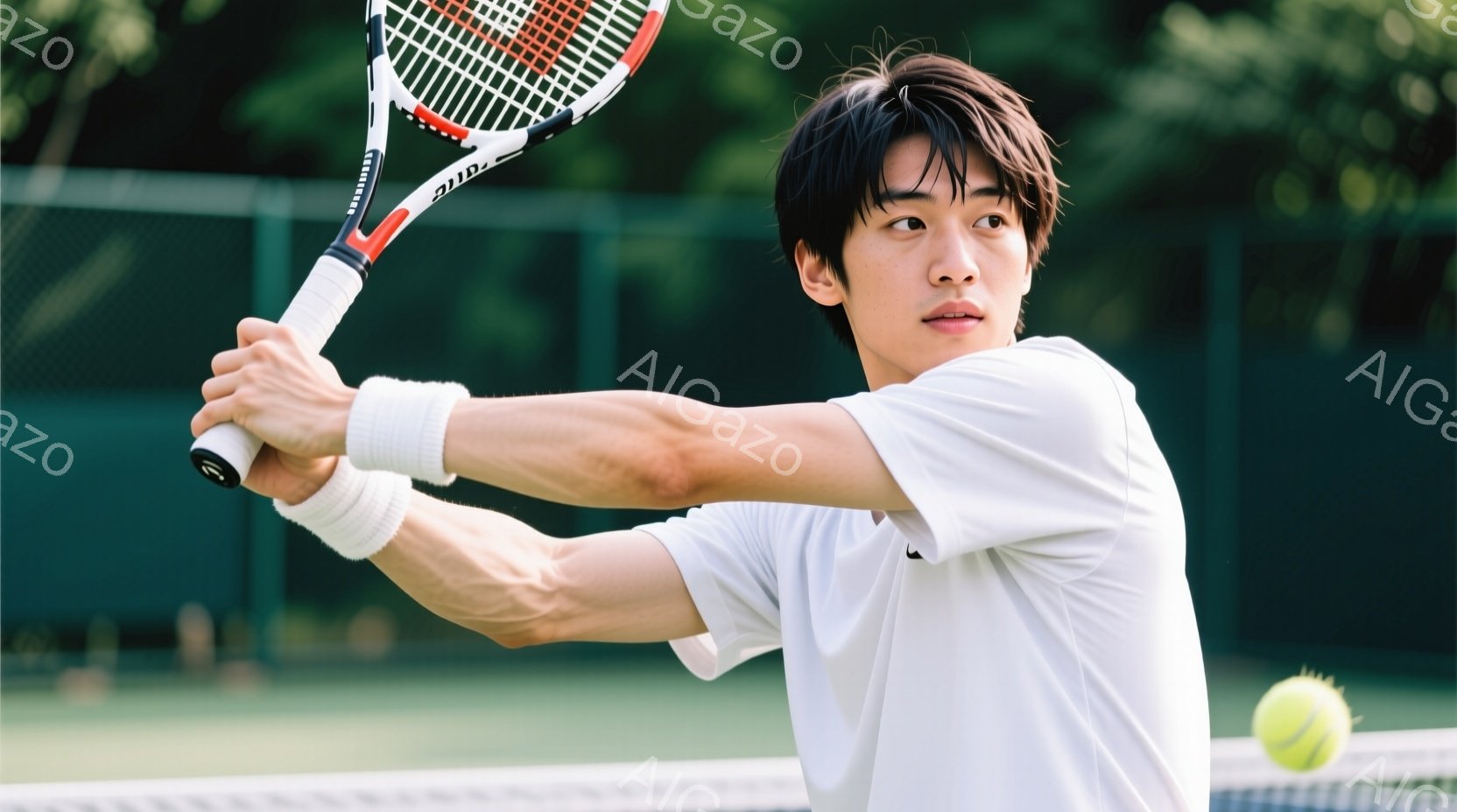 若い男性がテニスをしている写真です。白いテニスウェアに身を包み、黒髪を短く整え、真剣な表情でフォアハンドストロークを打とうとしています。背景には緑の木々とフェンスが見え、晴天の下での試合の様子がうかがえます。