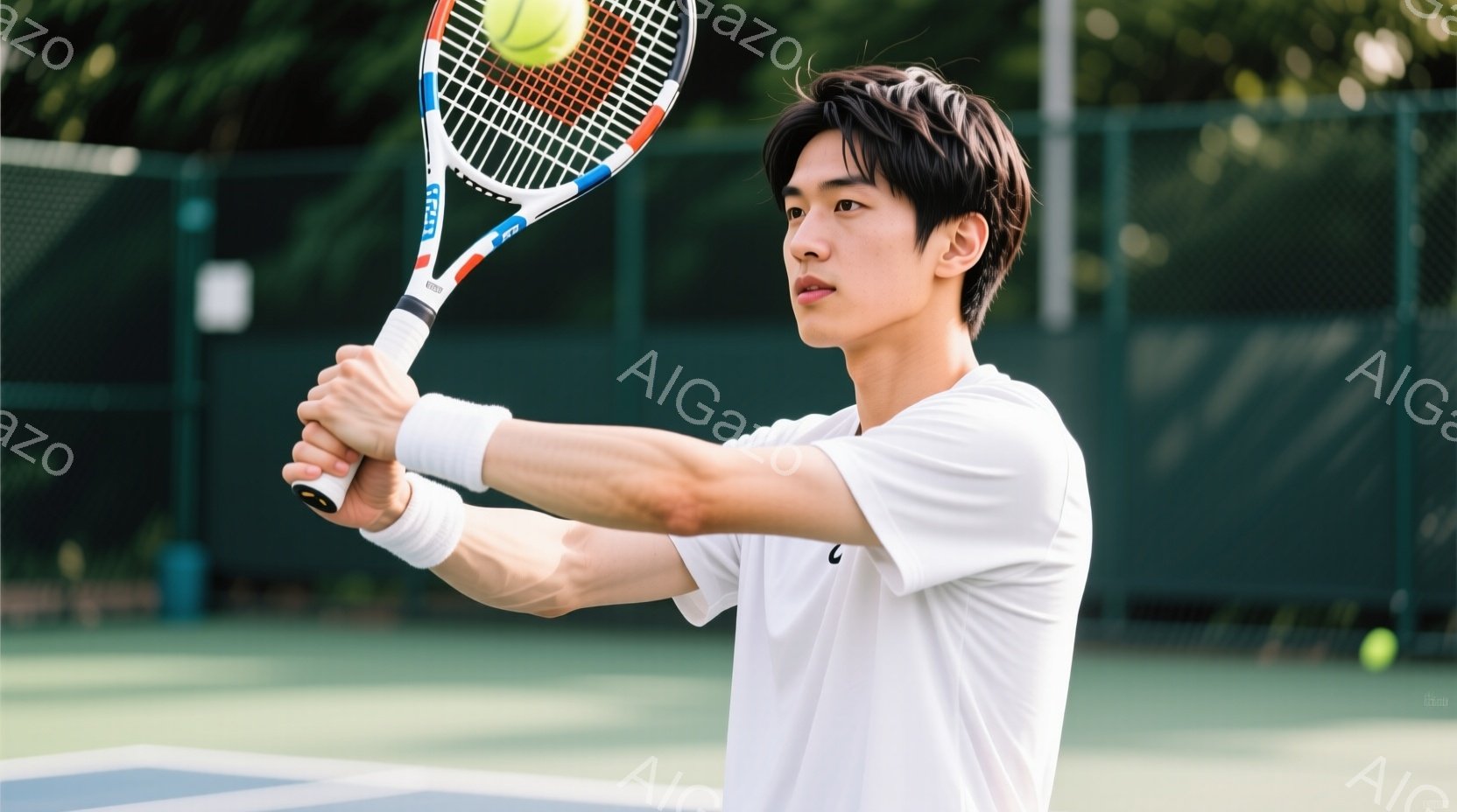 若い男性がテニスラケットを振りかぶり、ボールを打とうとしている瞬間を捉えた写真です。彼は白いTシャツを着ており、短く整えられた黒髪が特徴的で、集中した表情でプレイに臨んでいます。背景にはテニスコートの緑と青、そして緑豊かな木々が見え、晴れた日のスポーツを楽しむ活気ある雰囲気が伝わってきます。
