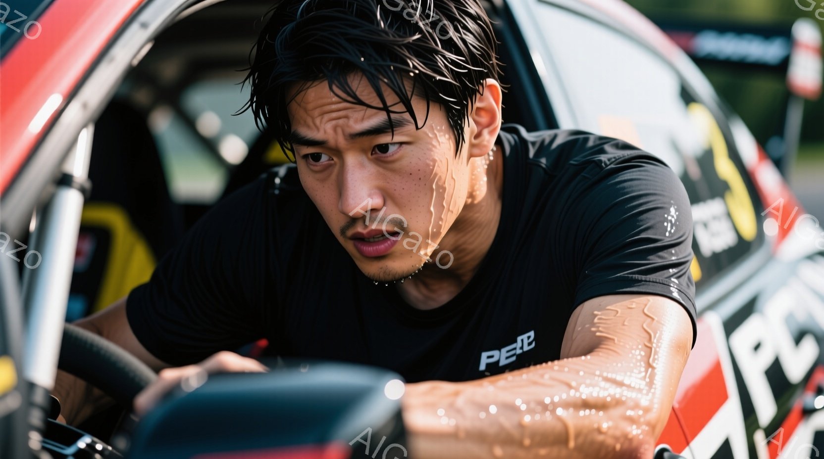 汗に濡れた男性が、レーシングカーの運転席に座り、集中した表情で前を見据えている。黒いレーシングスーツを着用し、短く刈り込まれた髪型は汗で濡れている。背景には車の内装が見え、全体的に緊張感とスピード感が感じられる、競技中の雰囲気である。