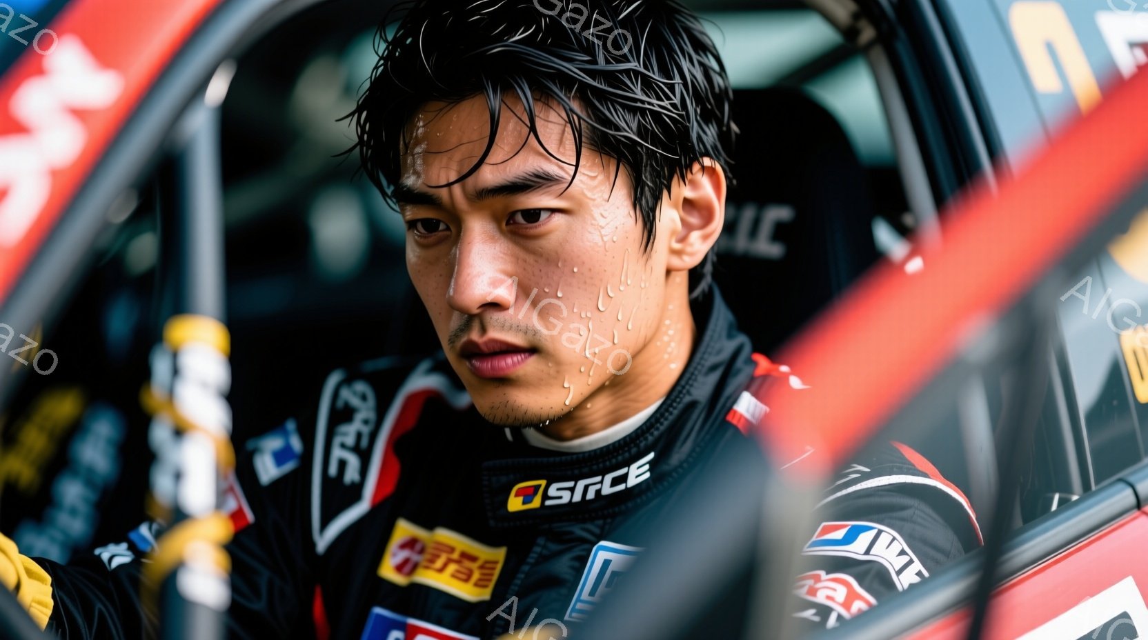 レーシングスーツを着てヘルメットを装着した若い男性のクローズアップです。彼は汗をかき、集中した表情で前方を見つめており、競技中の緊張感が伝わってきます。背景には、車両内部の複雑な構造とスポンサーロゴが見え、モータースポーツの現場を暗示しています。