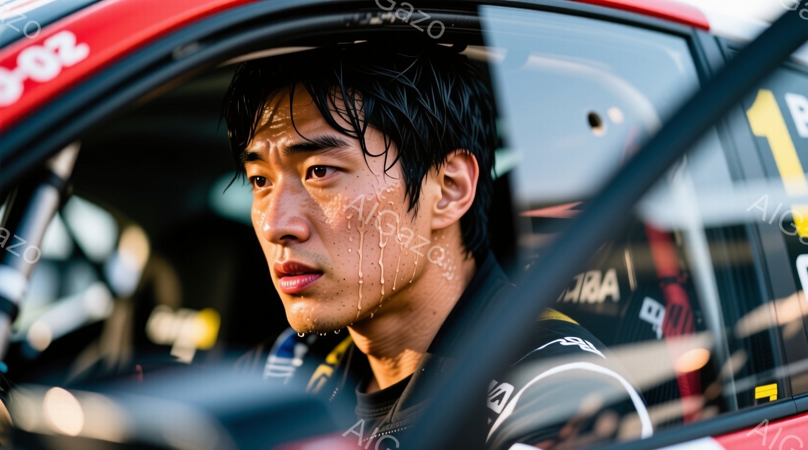 汗でびっしょりと濡れた顔の若い男性が、レーシングカーのコックピットからこちらを見ている。彼はレーシングスーツとヘルメットを着用し、髪は前髪が少し濡れて額にかかっている。背景には車の内装の一部と、ぼやけた背景が見え、競技中の緊張感と熱気が伝わってくる。