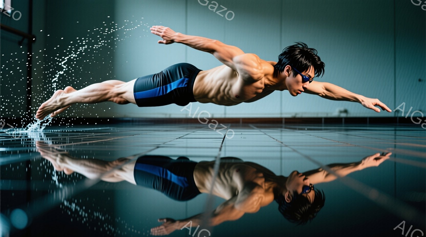 競技用水泳場で、筋肉質な男性が水中でダイナミックな姿勢で泳いでいる。彼は黒いスイムキャップとゴーグルを着用し、ネイビーと黒のスイムパンツを身につけている。水面には水しぶきが飛び散り、水面の反射が彼のシ - AI生成フリー素材