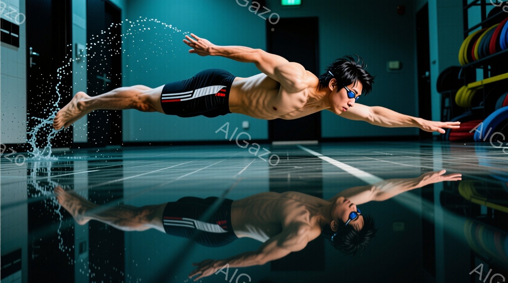 水泳選手が水中で泳いでいる様子が捉えられています。彼はゴーグルと黒い水着を着用し、筋肉質な体を誇示しています。背景には水泳プールのタイルと、ぼやけた設備の影が見え、躍動感あふれる競技の瞬間を捉えた写真です。