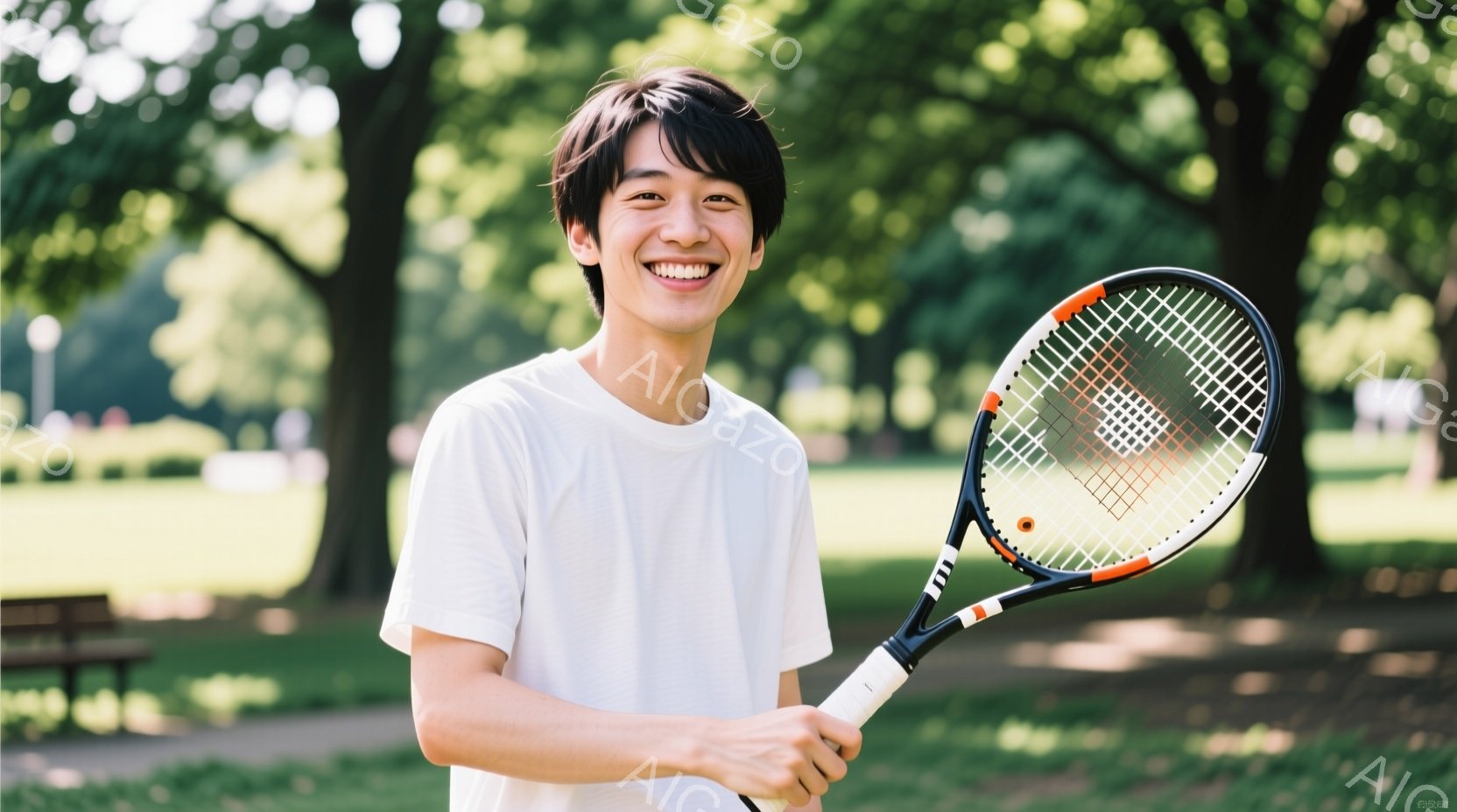 若い男性がテニスラケットを持って笑顔で立っている。白のTシャツを着ており、黒髪の短髪に整えられている。背景には緑豊かな木々と芝生、そしてぼんやりと見えるベンチがあり、晴れた日の屋外で撮影された写真であることがわかる。