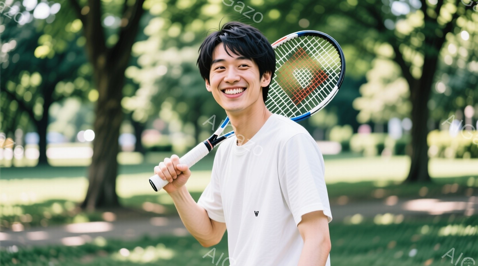 人物は白と黒の長袖Tシャツを着ており、髪は短髪であり、笑顔でポーズしています。手にはテニスラケットを持っています。背景は青空下の草地と低木が見える室内公園のような場所です。全体的に明るくリラックスした雰囲気が感じられます。