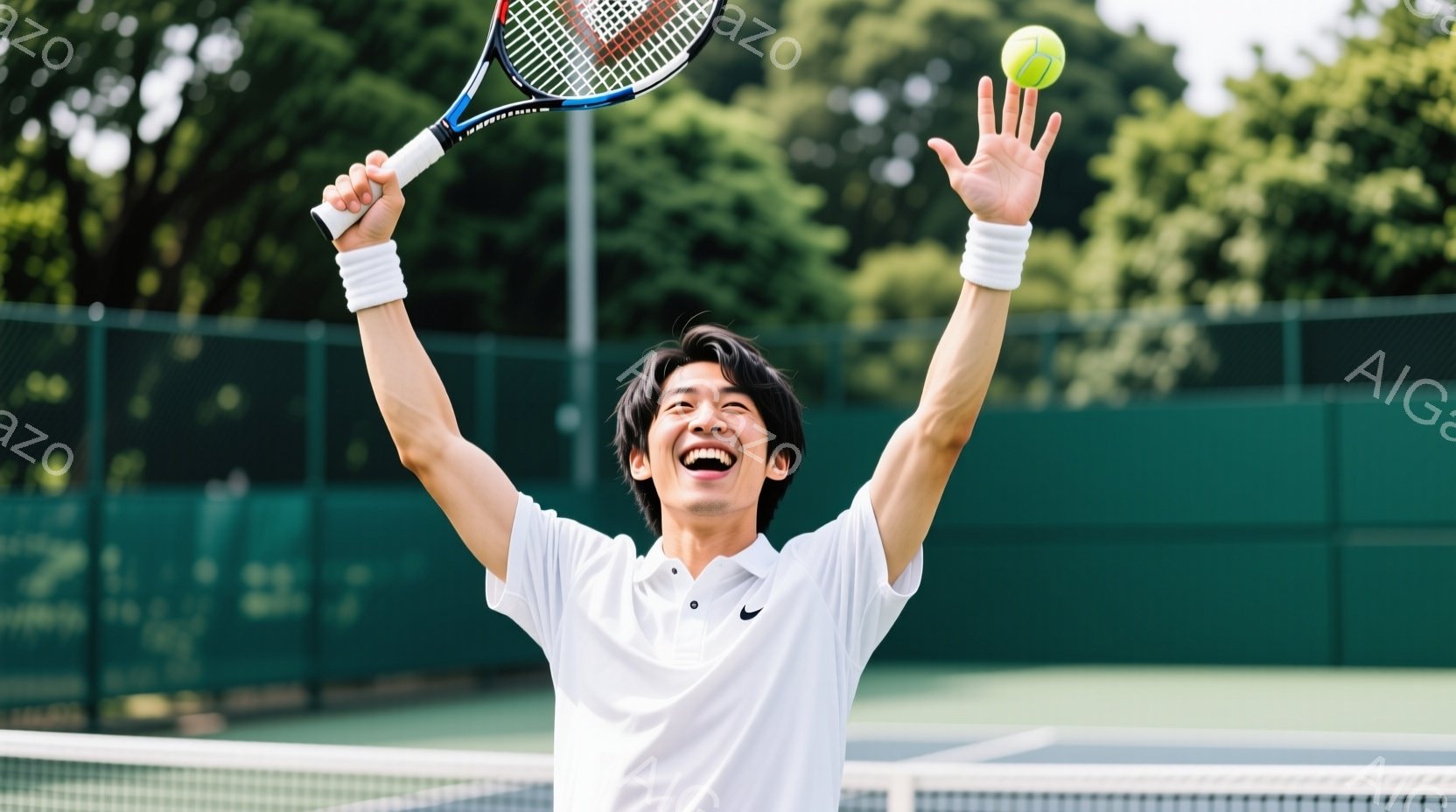 白いテニスウェアに身を包んだ若い男性が、片手にテニスラケット、もう片手を高く掲げ、勝利を喜んでいる様子が写っている。彼は黒髪で、満面の笑みを浮かべ、躍動感に満ちたポーズをとっている。背景には緑のテニスコートとフェンス、そしてぼんやりと木々が見え、晴れた日の屋外で撮影されたことがわかる。