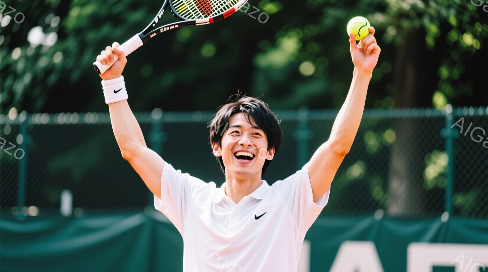 若いテニス選手が、白のポロシャツと短パン姿で、勝利を喜んで両手を高く上げています。彼は黒髪で、満面の笑みを浮かべ、顔は輝いています。背景には緑のテニスコートとネット、そしてわずかに木々が見え、晴れた日の試合の熱気が伝わってきます。