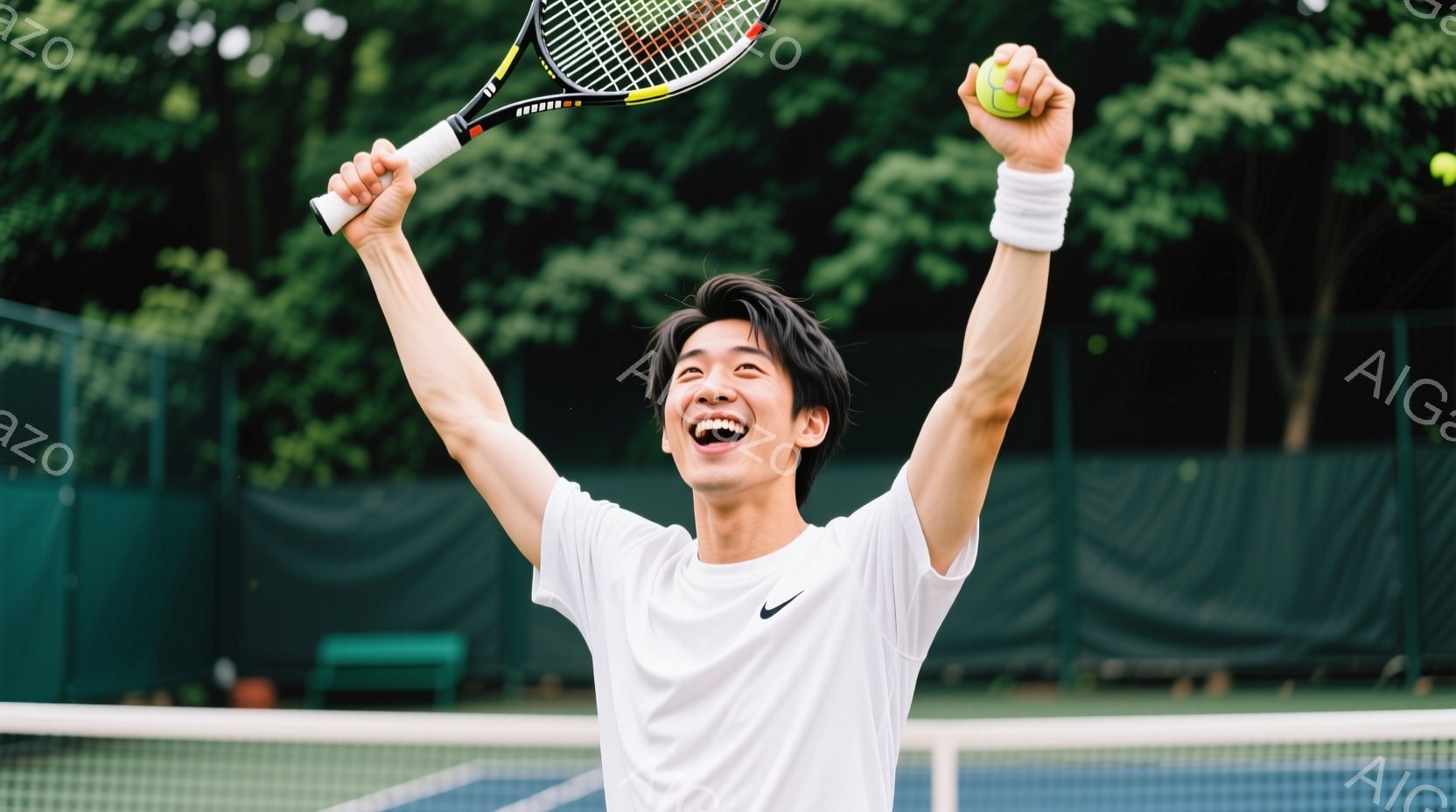 若い男性テニス選手が、勝利の喜びを表現するように両腕を高く上げ、満面の笑みを浮かべている。白いポロシャツに黒いリストバンド、短く整えられた黒髪が特徴的で、背景には緑豊かなテニスコートとネットが見える。晴天の下、緑が生い茂る背景と鮮やかなコート色が、活気と躍動感のある雰囲気を醸し出している。