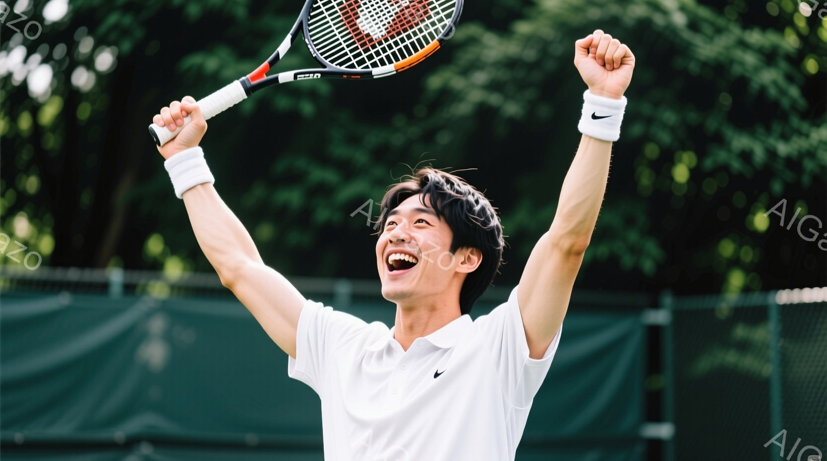 若い男性テニス選手が勝利を喜び、両腕を高く上げて叫んでいる。彼は白いポロシャツと白のリストバンドを身に着け、黒髪を短く整えている。背景には緑のテニスコートとネット、そして木々が見え、晴れた日の屋外での試合の様子を表している。