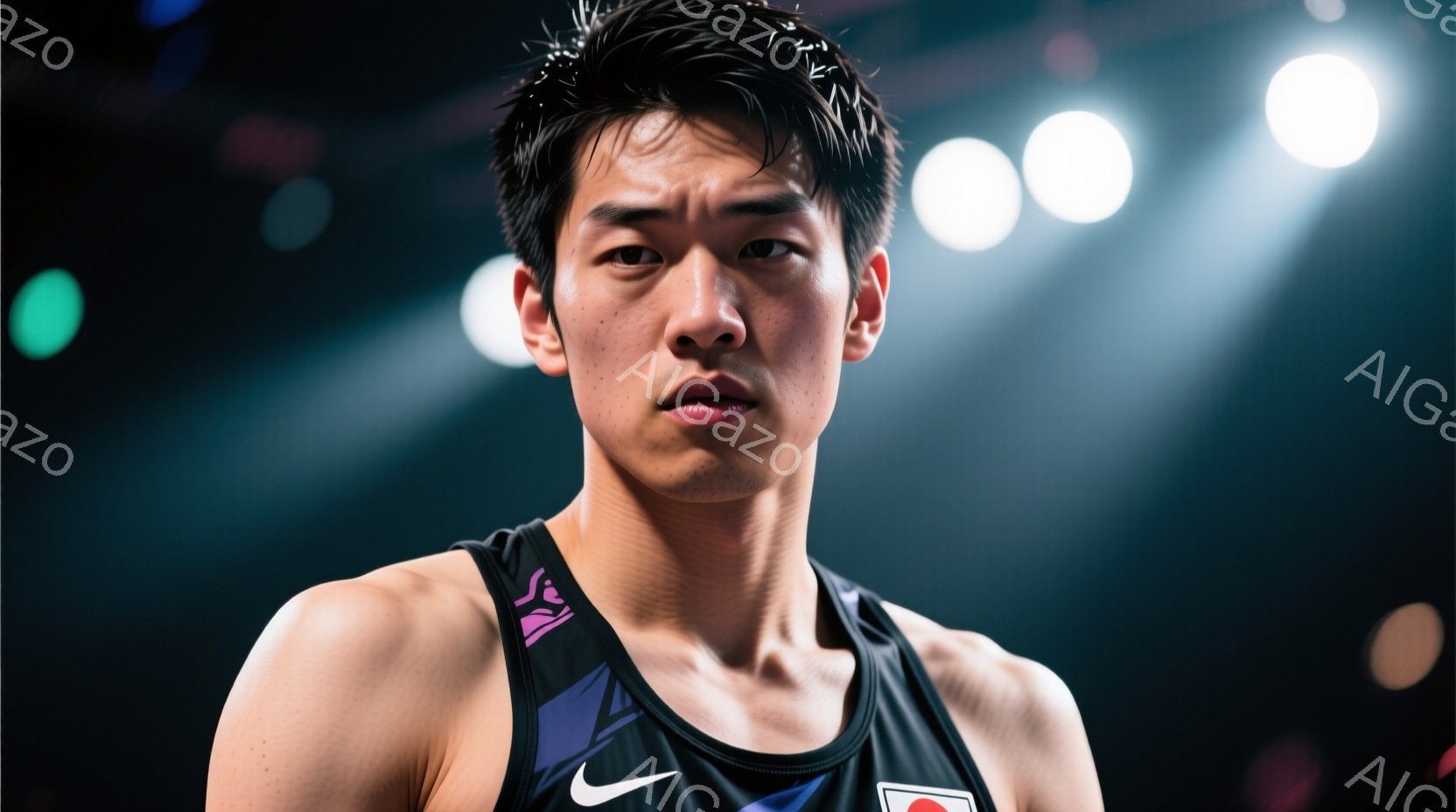 競技中の若い男性アスリートを捉えています。彼は黒いタンクトップを着用し、左肩に日本の国旗のマーク、胸にナイキのロゴが入っています。彼の髪は短く整えられ、額には汗が光り、真剣な表情で前を見据えています。 - AI生成フリー素材