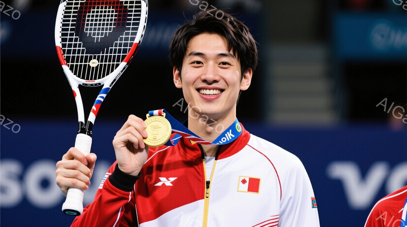 若い男性がバドミントンのラケットを持ち、金メダルを首から提げて満面の笑みを浮かべている。白と赤のスポーツウェアを着用し、短く整えられた黒髪が特徴的だ。背景にはぼやけた観客席や広告が見え、スポーツイベントの勝利を祝う活気のある雰囲気が漂っている。