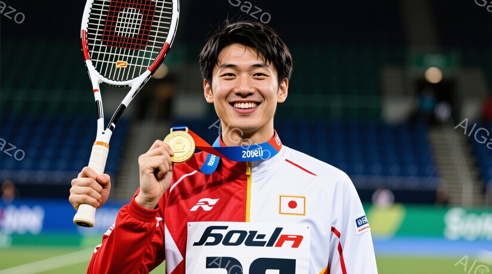 若い男性バドミントン選手が、金メダルを首から下げて満面の笑みを浮かべている。白を基調としたバドミントンウェアに赤いラインが入り、髪型は短く整えられている。背景は競技場の観客席で、活気があり、勝利の喜びを分かち合う雰囲気が伝わってくる。