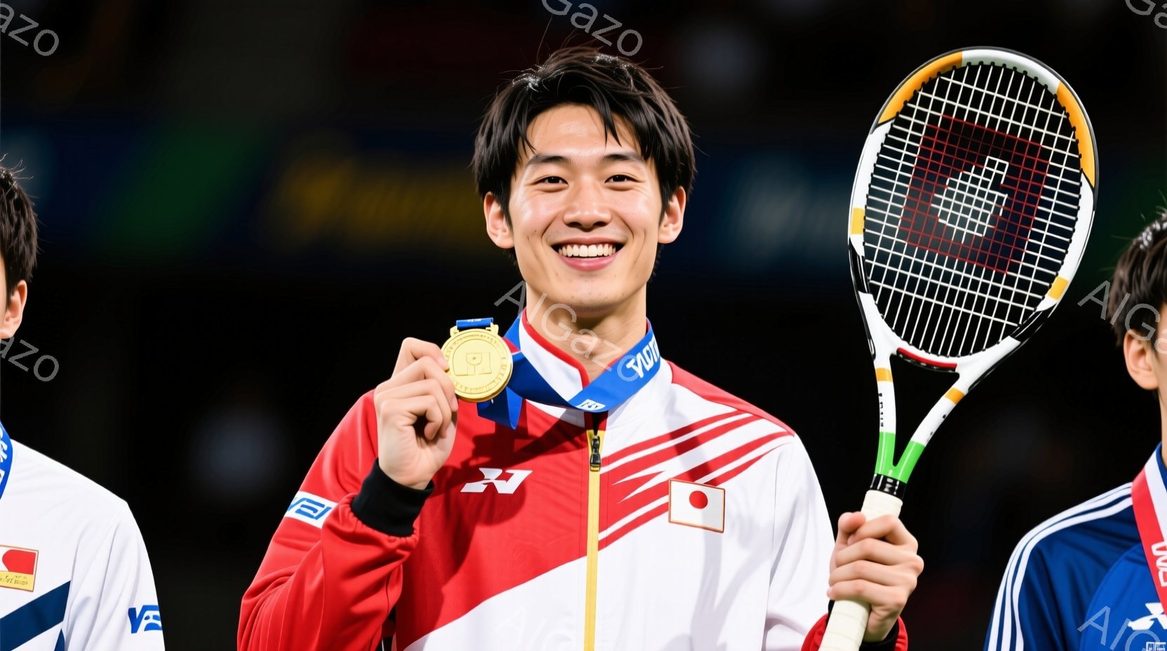 バドミントン選手が金メダルを首にかけて笑顔で立っている様子を捉えています。赤いバドミントンウェアに身を包み、短髪を整え、満面の笑みを浮かべています。背景には他の選手が写っており、競技会場の明るい照明が照らされています。