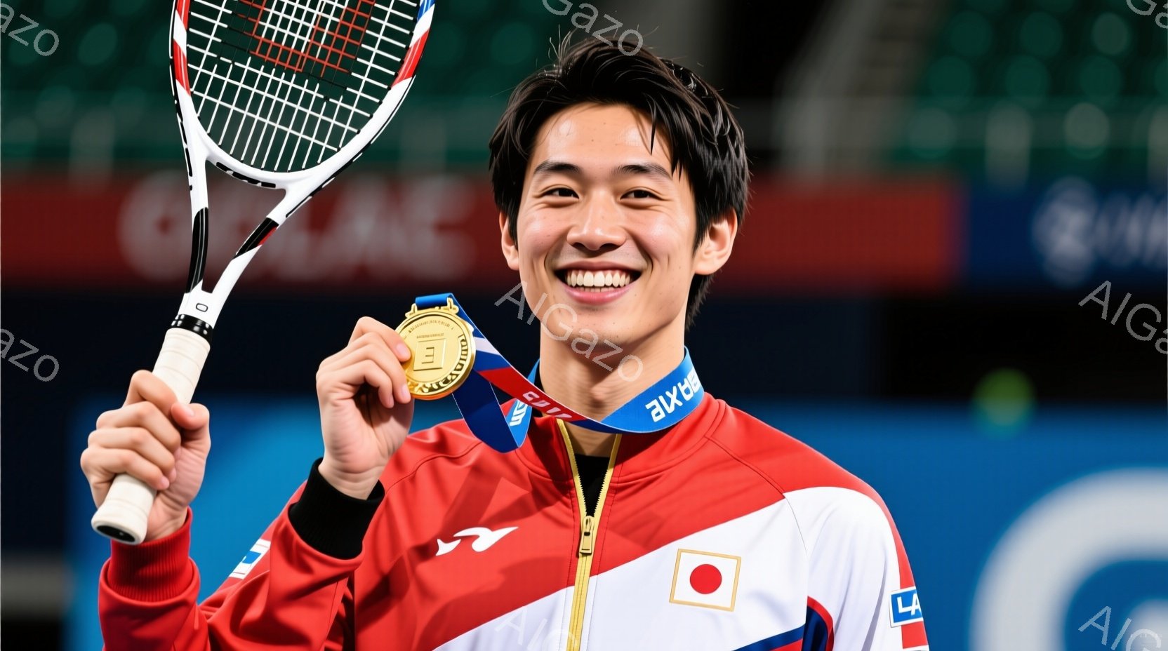 バドミントンの選手が、金メダルを首から下げて満面の笑みを浮かべている。赤と白を基調としたバドミントンウェアを着用し、髪は短く整えられている。背景はぼやけており、体育館のような室内競技場であることがわかる。