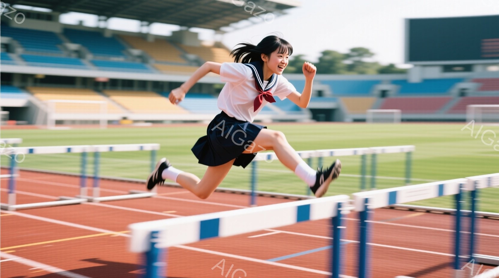 制服姿の女子高生が、陸上競技場のハードルを飛び越えている瞬間を捉えた写真です。彼女は白いブラウスに紺色のスカート、リボンを締め、右足を大きく上げてハードルをクリアしようとしています。背景には緑の芝生、 - AI生成フリー素材