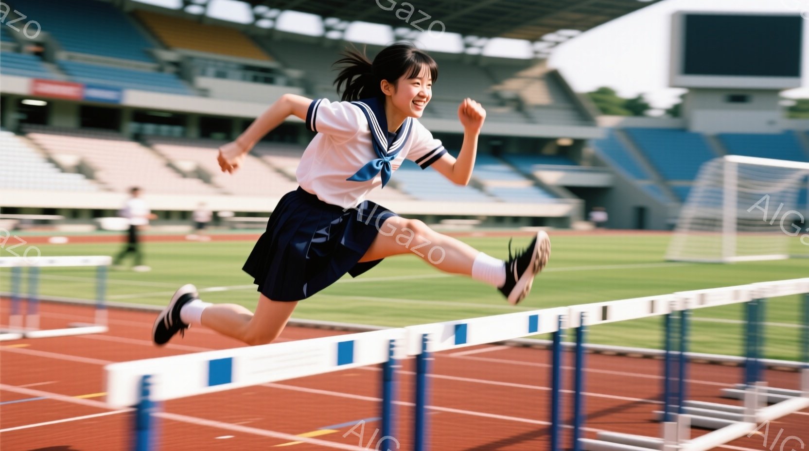 女子は青いトラックを疾走しており、ハードルを飛び越えようとしている瞬間だ。紺色のスカートと白いシャツ、そしてリボンが印象的で、髪はポニーテールに結ばれている。背景には観客席と緑の芝生、そして青空が広が - AI生成フリー素材