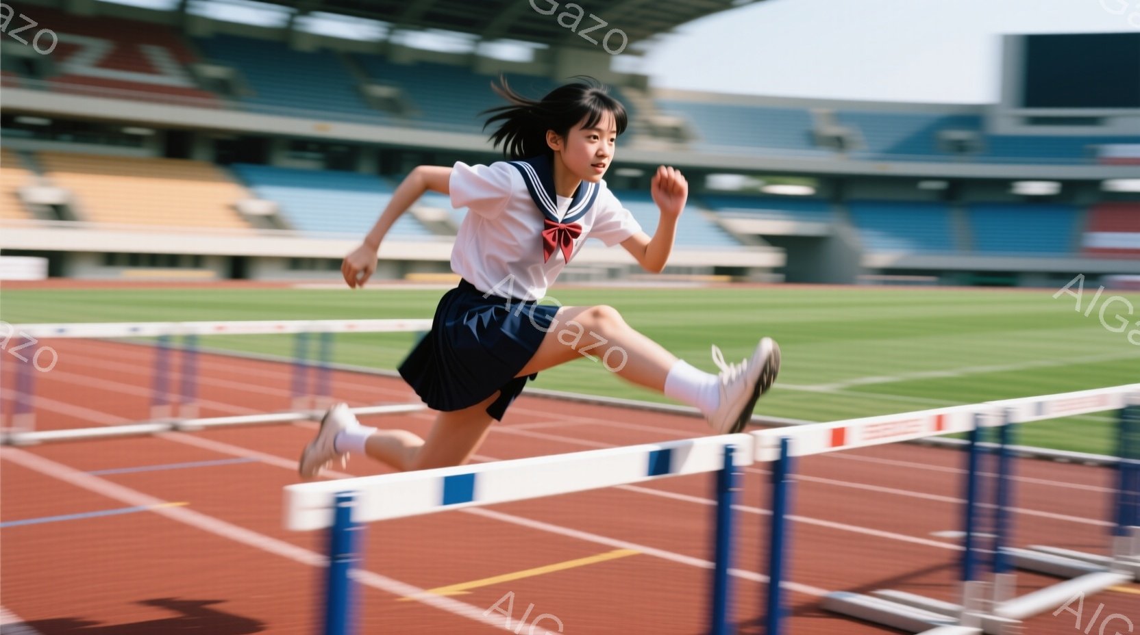 学校生の女性が長距離走大会で、飛び出す動作をとり、トラック競技のフィニッシュラインに向かって力強く走っている。学校服の制服を着用し、髪はポニーテール。その表情は汗をかいたようで、全体的に活力と疲れが感じられる。