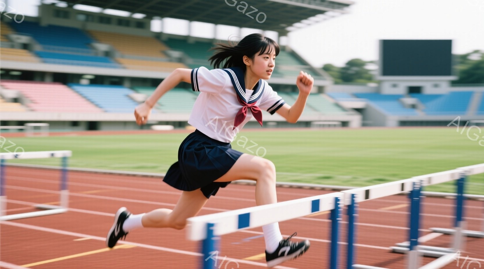 競技場でハードル走をしている女子高生が写っている。白いセーラーシャツと紺色のプリーツスカート、白と紺のソックス、黒のランニングシューズを身につけ、髪はポニーテールにしている。彼女は集中した表情で、ハードルを飛び越えようと前傾姿勢で走り、背景には緑の芝生と観客席が見える。