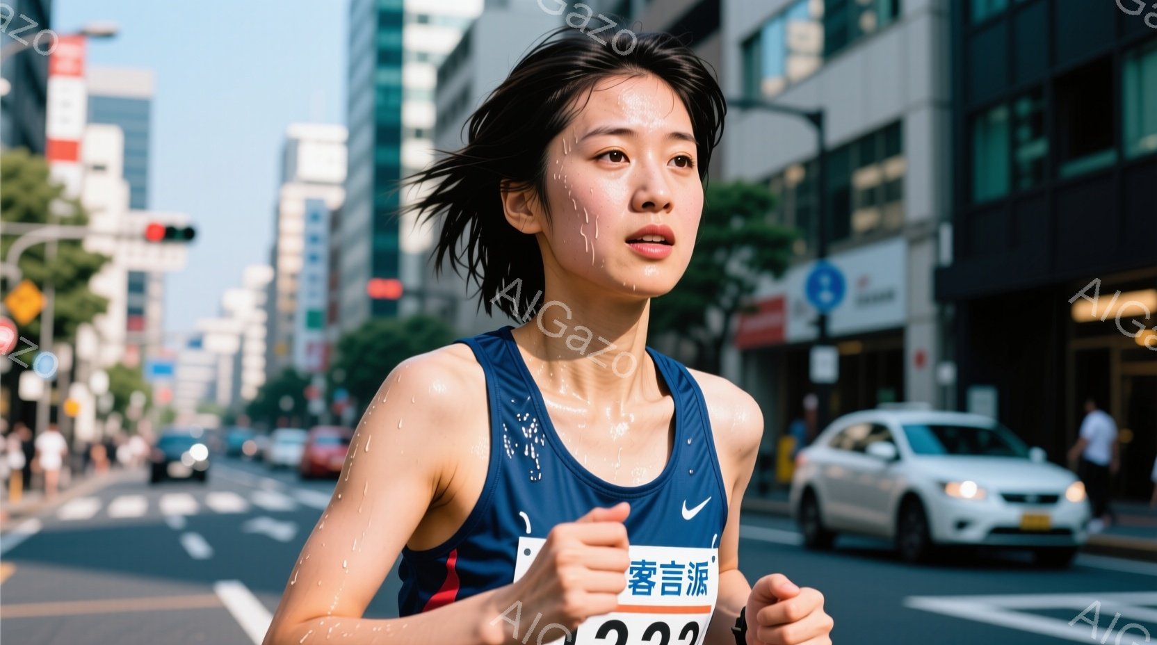 若い女性が街中の道路を走っている様子が写っている。彼女は赤いビブスと黒のタンクトップを着ており、汗で濡れた髪を後ろで結んでいる。背景には高層ビルや交通車両が見え、晴天の下、活気のある都市の雰囲気を感じ - AI生成フリー素材