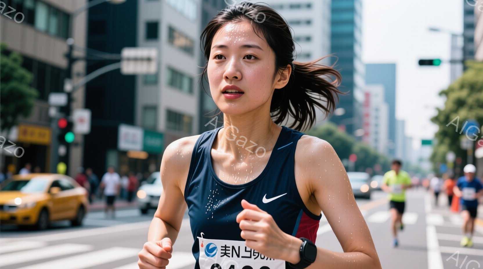 マラソンランナーの女性が、都会の道路を力強く走っている様子が写っている。彼女は紺色と赤色のランニングウェアに身を包み、汗で濡れた髪を後ろでまとめており、前進する意志の強い表情をしている。背景には高層ビルや緑豊かな木々が見え、晴天の下、活気に満ちたレースの雰囲気が伝わってくる。