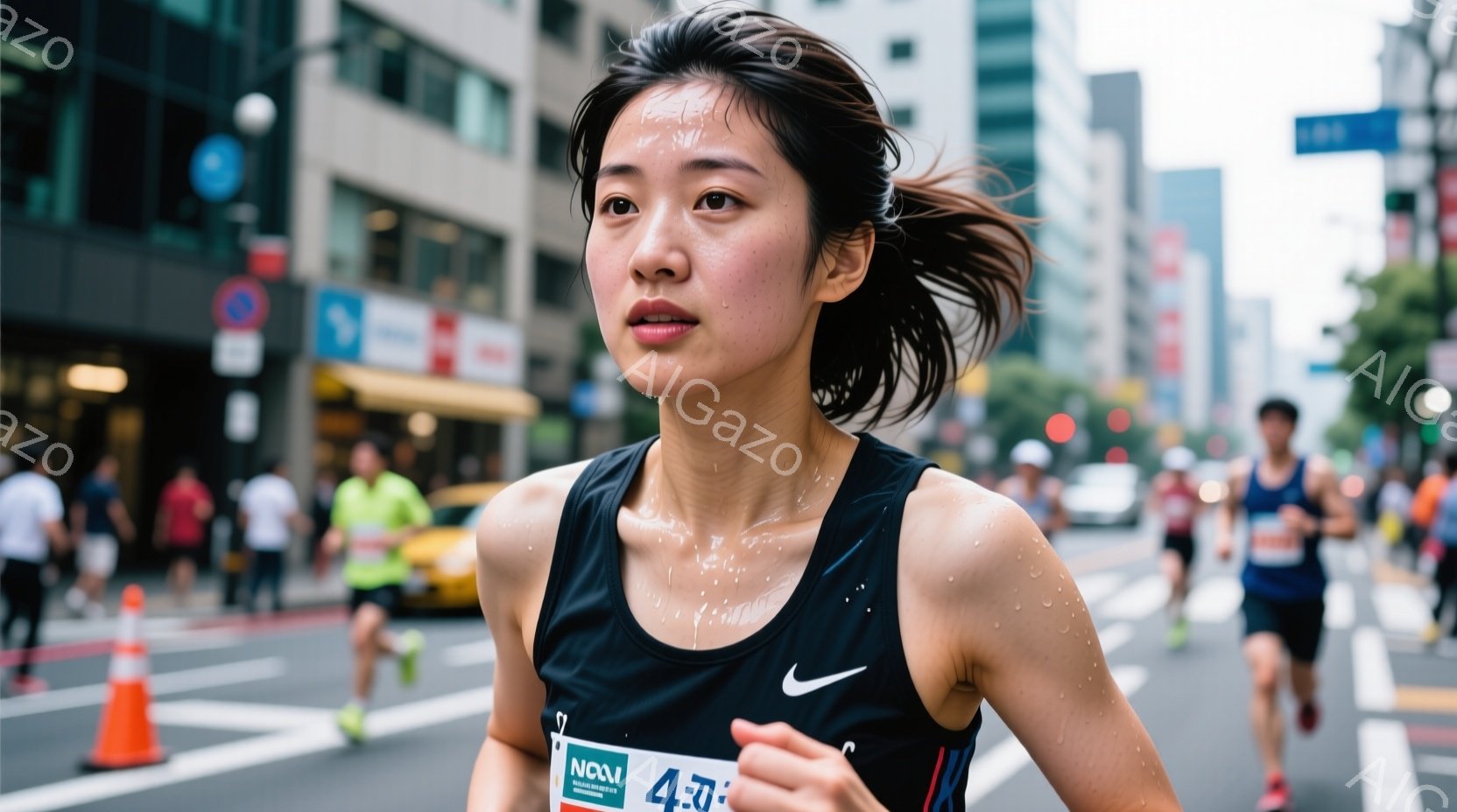 競技中に捉えられた女性ランナーは、黒のタンクトップとショートパンツ姿で、額には汗が光っている。彼女は力強く前を見据え、左手で軽く顎をささえているようなポーズで、レースに集中している様子が伝わる。背景には高層ビルが立ち並び、多くのランナーが沿道を走っており、活気のあるマラソン大会の雰囲気が漂っている。