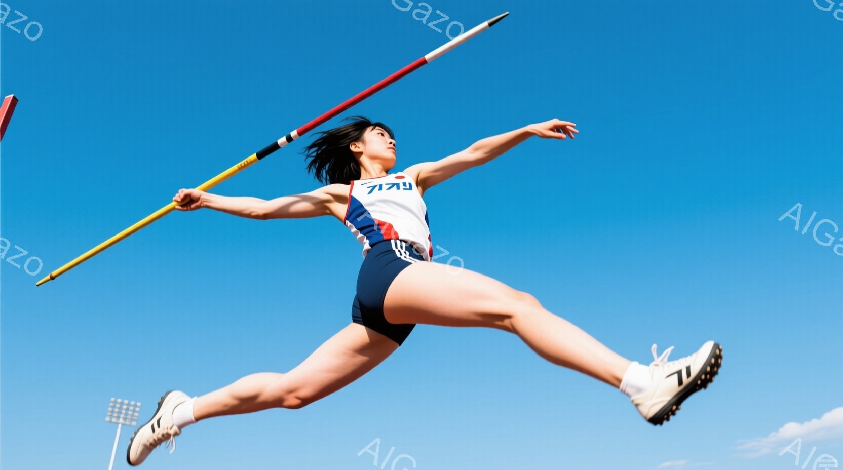 競技場で槍投げをする女性アスリートが写っている。彼女は青、赤、白のユニフォームを着用し、長い髪を後ろで束ねている。空は晴れ渡っており、競技場のトラックと遠くの建物が見える。