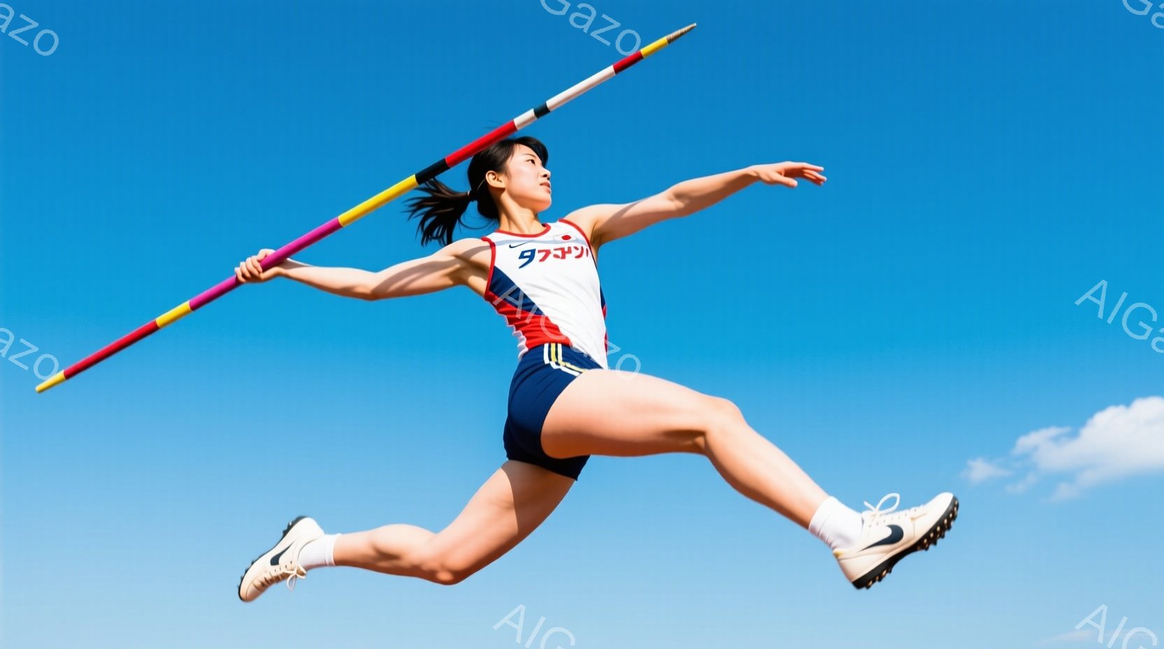 競技場を背景に、陸上競技の選手が槍投げの最中に空中でポーズをとっています。赤い上半身と紺色の短パンのユニフォームを着用し、髪は後ろでポニーテールに結ばれています。青空とわずかな雲が広がり、躍動感あふれる夏の日の雰囲気です。