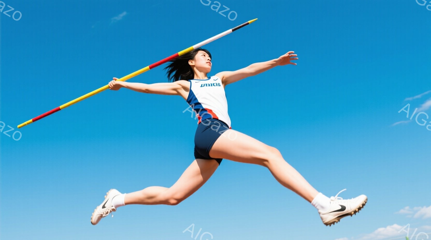 競技場を舞台に、女性の陸上競技選手が槍投げの最中に写っている。彼女は白いタンクトップと紺色のショートパンツを身に着け、黒い髪を後ろで束ねている。空は澄み切った青空で、背景にはわずかな雲が見え、競技場には緑色の芝生が広がり、彼女の躍動感と力強い姿勢が強調されている。