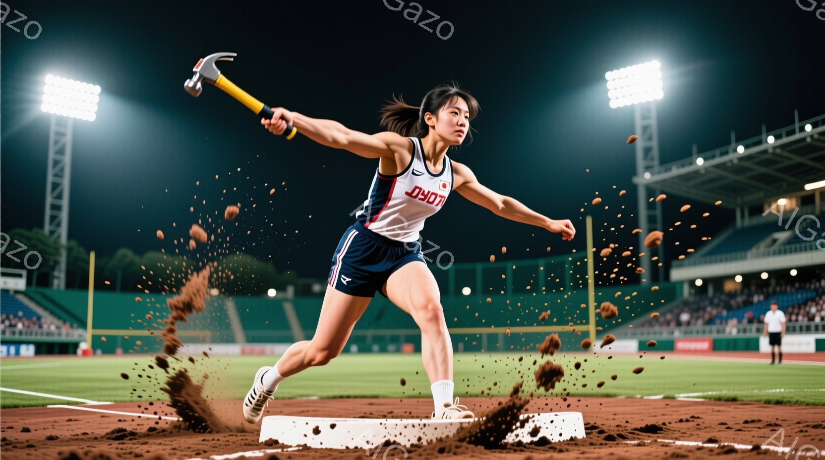 ハンマー投げの選手が競技場で躍動している様子が捉えられています。彼女は赤いヘッドバンドと紺色と白の短パン、そしてスポーティーなシャツを着ており、髪はポニーテールに結ばれています。競技場は夜間であり、観客席には人影が見え、集中した表情でハンマーを振りかぶる彼女の姿が、ダイナミックな競技の雰囲気を表現しています。