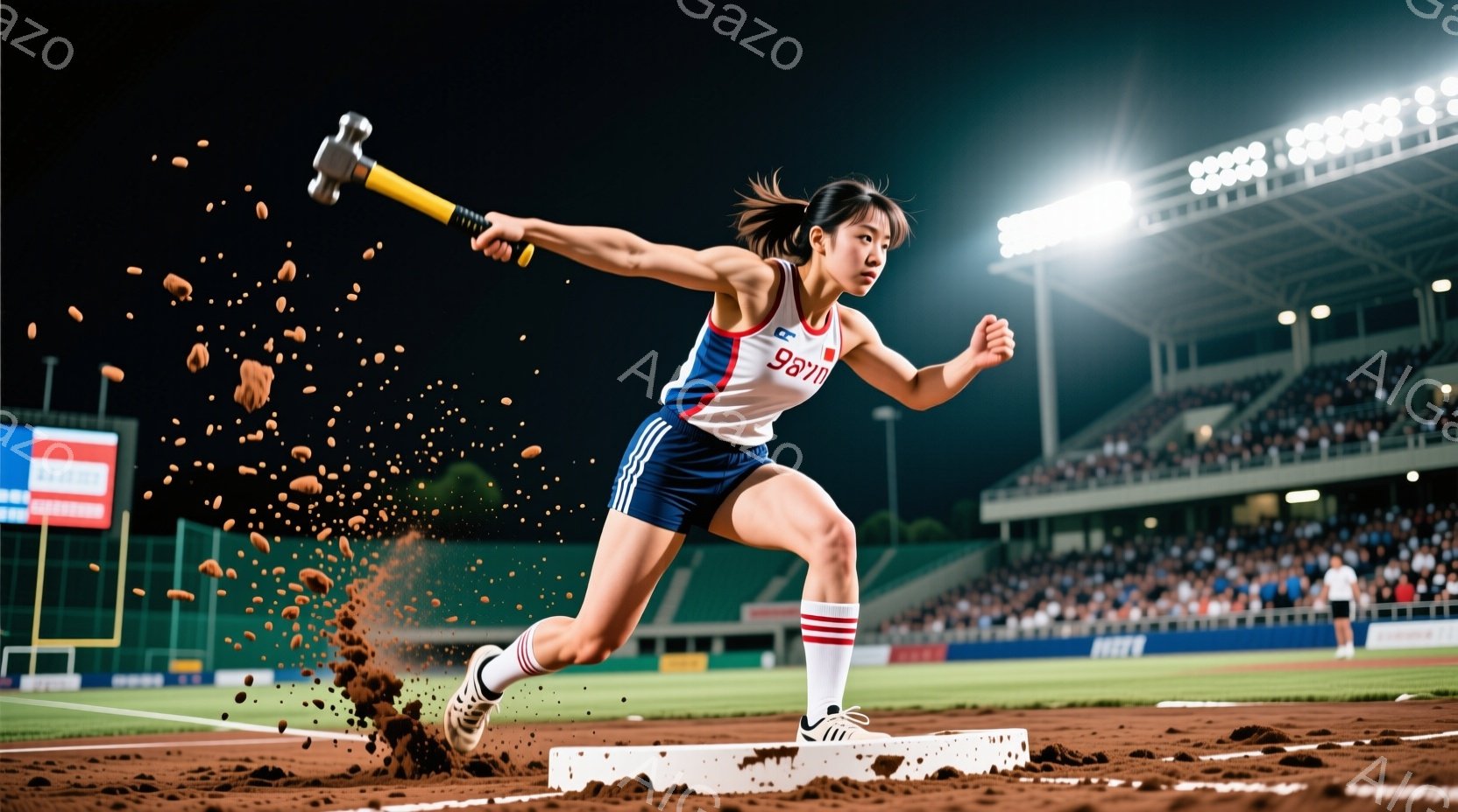 競技場のトラックを走る女性ハンマー投げ選手が写っている。彼女は青と白のユニフォームと赤いリストバンドを着用し、髪をポニーテールにしている。土煙が舞い上がり、彼女は力強くハンマーを振りかぶっている様子から、競技への集中とエネルギーが伝わってくる。