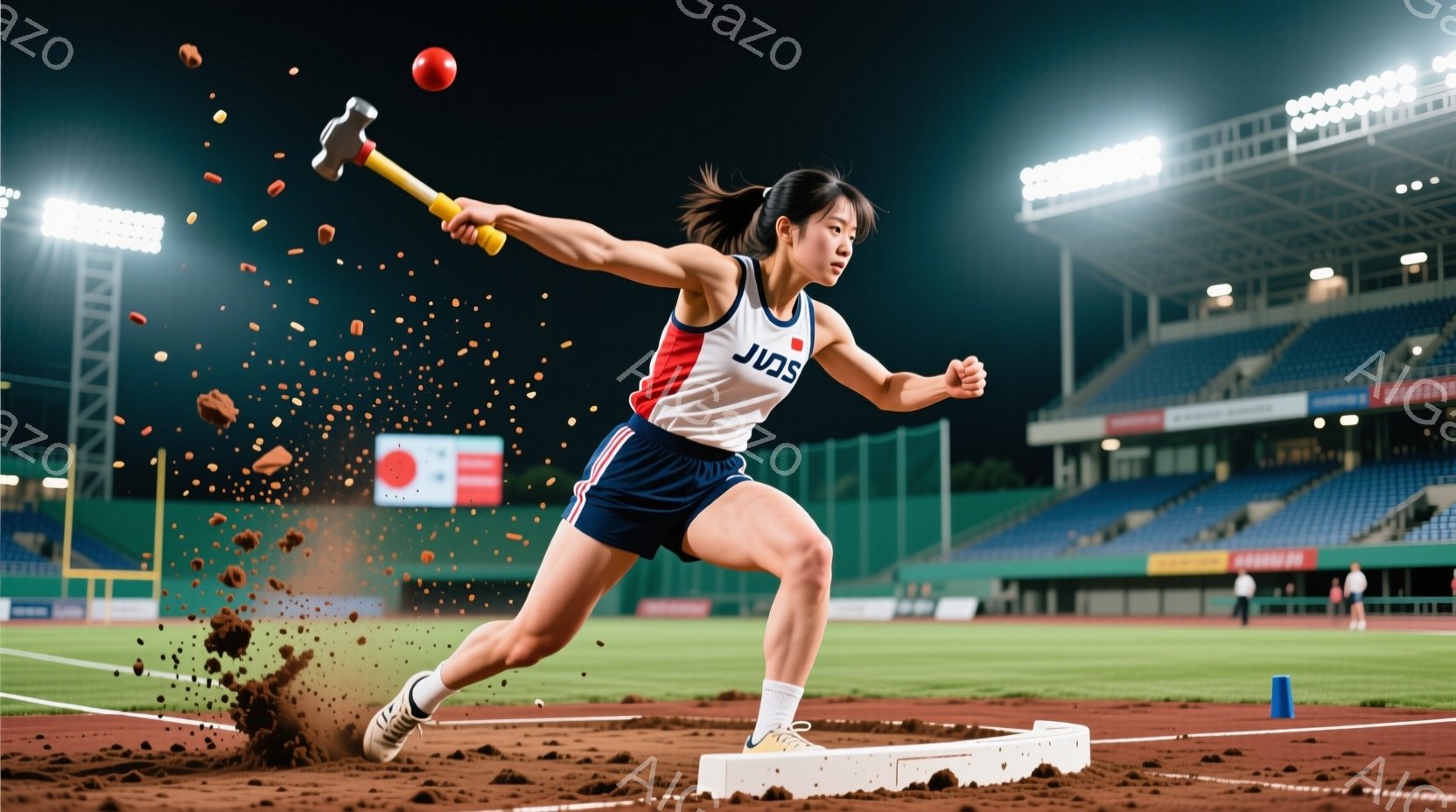 ハンマー投げの選手が、競技場内で力強く投げている瞬間を捉えた写真です。彼女は青と白のユニフォームを着用し、髪はポニーテールに結ばれています。背景には、観客席や夜空が広がり、競技場のライトが彼女を照らし出しています。