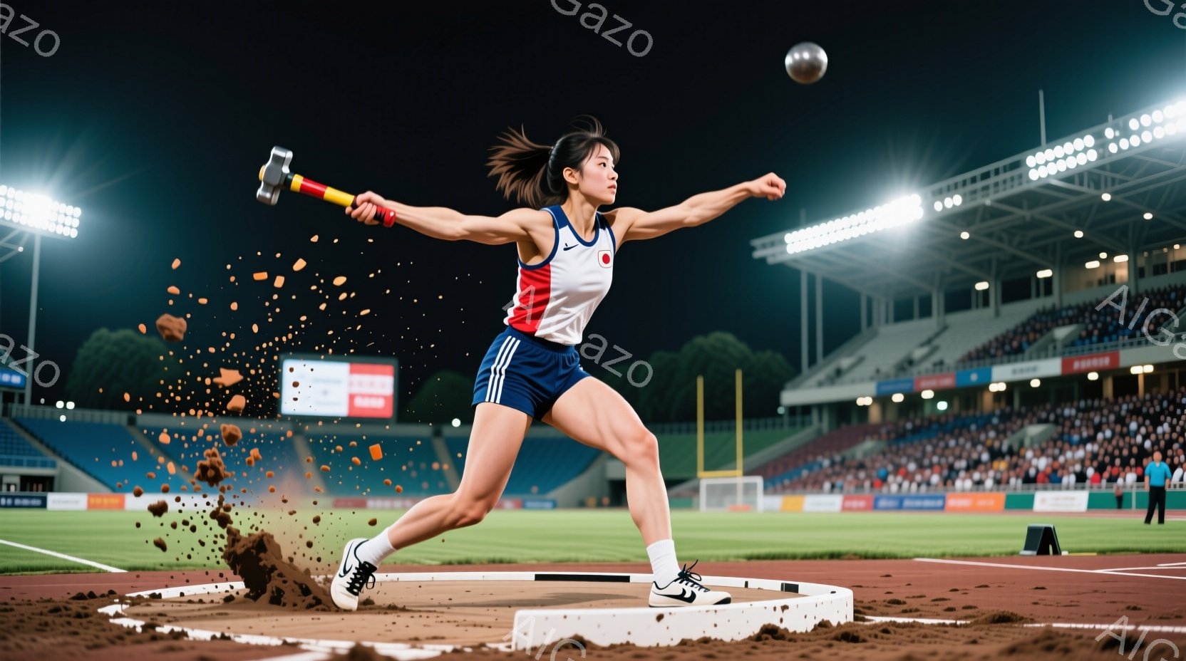 ハンマー投げ競技中の女性アスリートを捉えています。彼女は赤、白、青のトリコロールカラーのユニフォームを着用し、高いポニーテールで髪を結んでいます。競技場内の土の円盤上で、ハンマーを力強く振りかぶり、競技に集中した真剣な表情をしています。