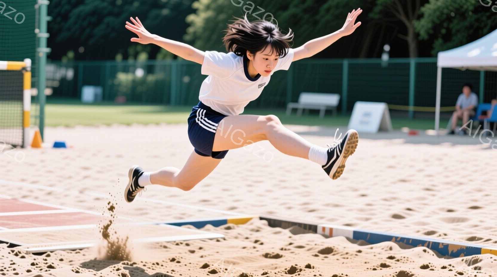 短い髪を後ろでまとめた少女が、砂場を高くジャンプしている様子が捉えられています。白いシャツに紺色の短パン、そして黒いスニーカーを身につけ、空中で両腕を広げ、力強い姿勢を見せています。背景には緑豊かな木 - AI生成フリー素材