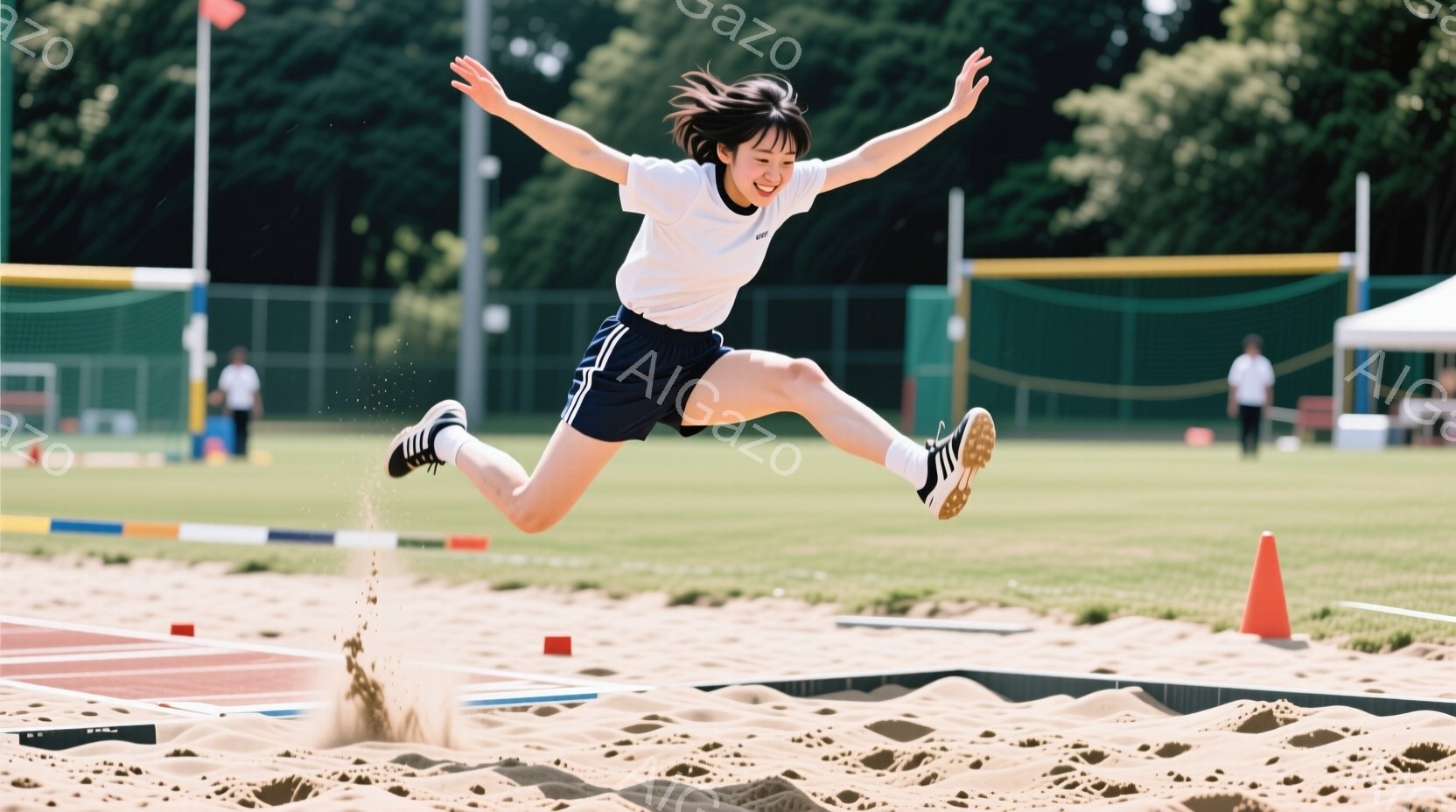 短い髪を後ろで結んだ少女が、陸上競技の砂場を飛び越えている。白いTシャツと紺色の短パンに、スニーカーを履いており、顔には笑顔が浮かんでいる。背景には緑の芝生と、遠くに見える建物があり、晴れた日の屋外競 - AI生成フリー素材