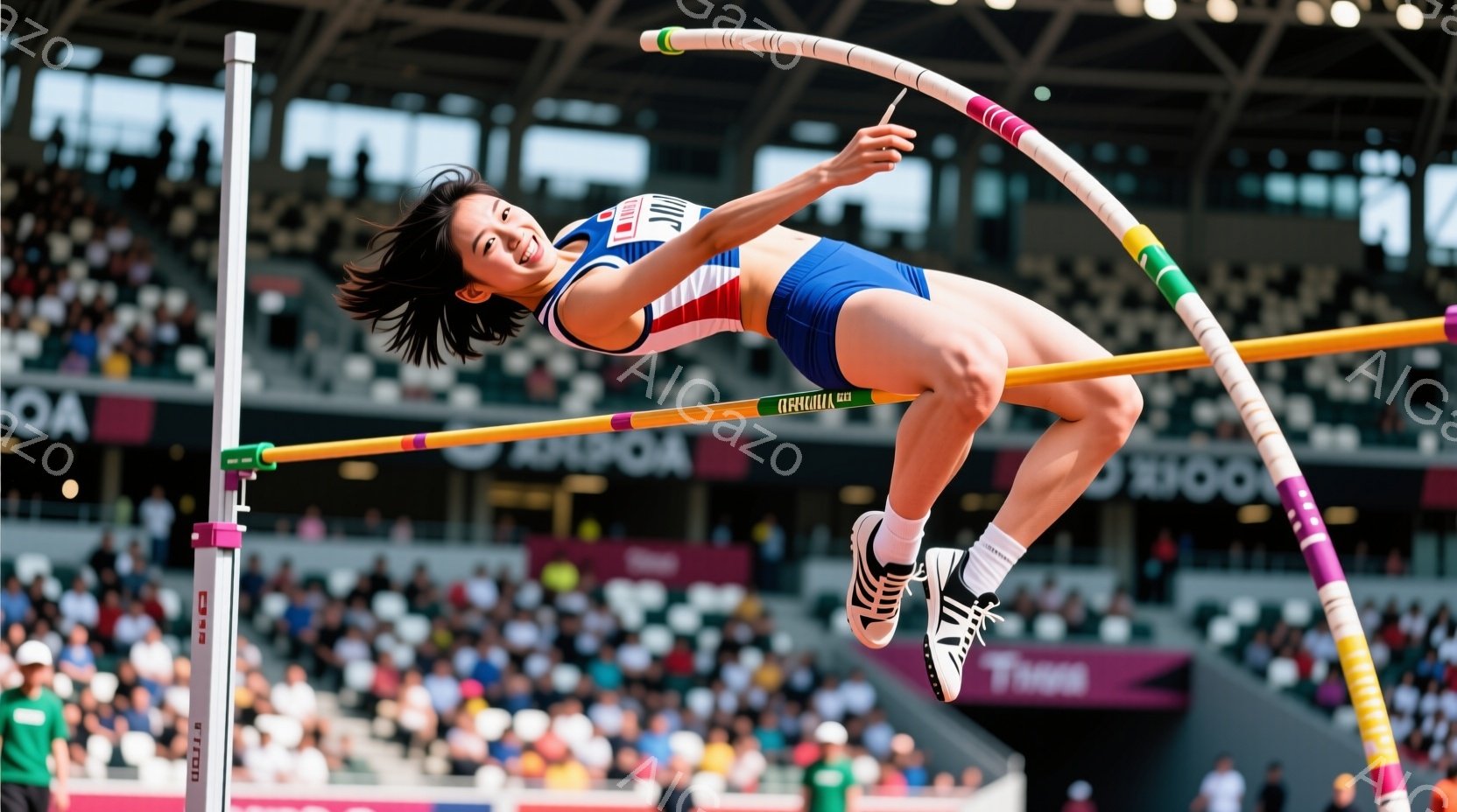 この写真は、陸上競技のハイジャンプの瞬間を捉えたもので、競技者がバーを飛び越えようとしている姿が印象的だ。彼女は赤、白、青のユニフォームを身に着け、髪はポニーテールに結ばれており、顔には集中と決意が表れている。背景には観客席とトラックが広がり、競技場の熱気と緊張感が伝わってくる。