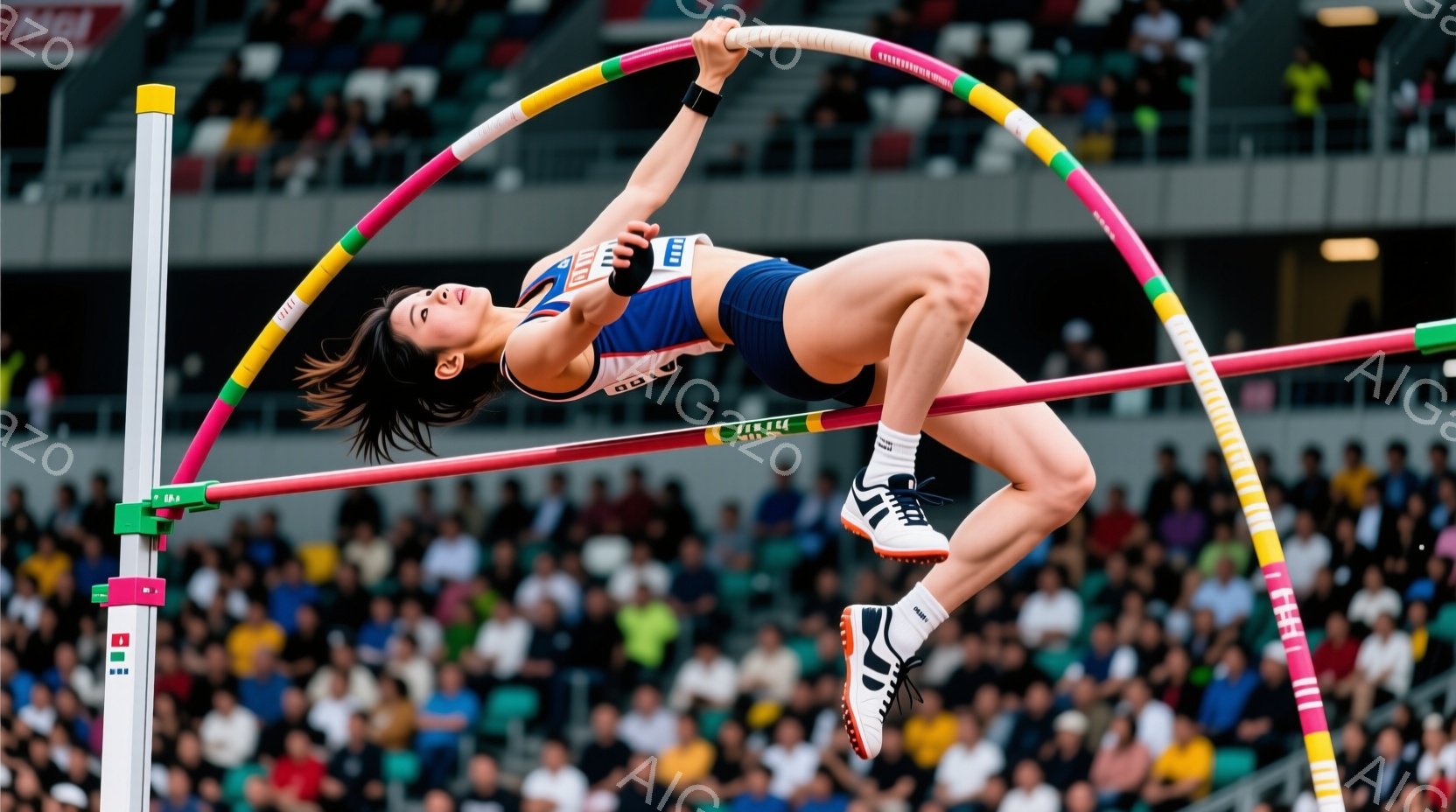 競技者は高く跳び越えようとしており、身体を大きく反らせ、バーに近づいています。青色のユニフォームと短い黒髪で、集中した表情をしています。背景には、観客席で多くの観客がおり、活気のある競技場の雰囲気が伝わってきます。