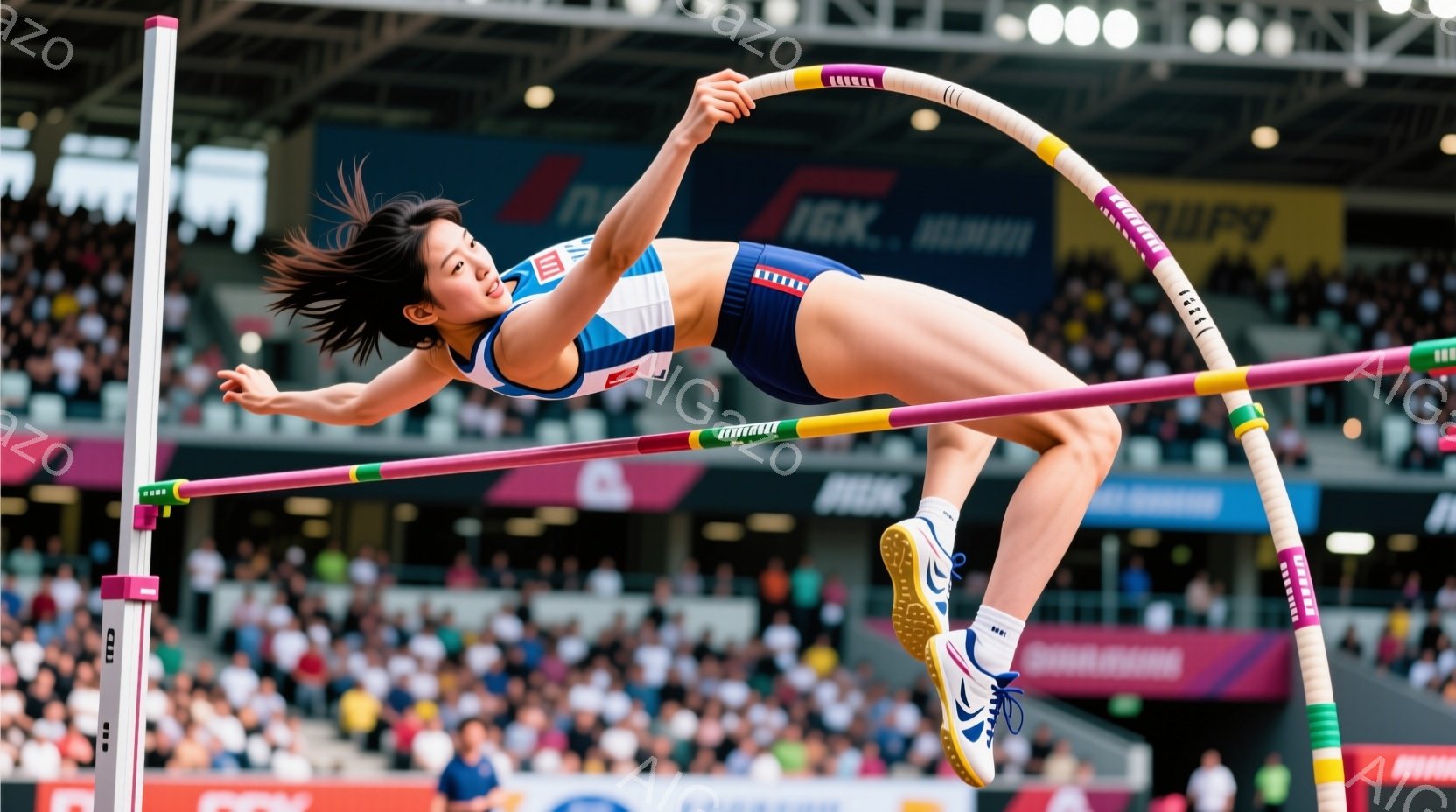 競技場内で、日本の女性陸上競技選手が高跳びの瞬間を捉えた写真です。彼女は青いユニフォームと白いシューズを着用し、髪は後ろでポニーテールに結ばれています。躍動感あふれる姿勢でバーを越えようとしており、背景には観客席と競技場の構造が見えます。