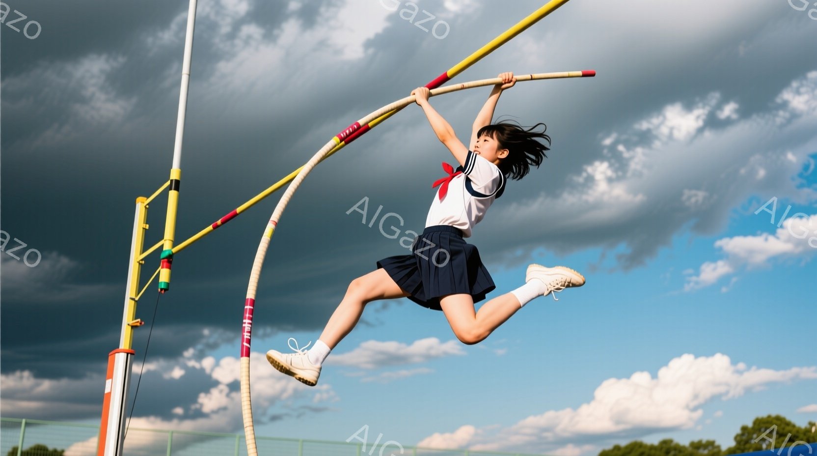 女子は運動場で高跳びを行っており、スカートと白シャツの制服を着て、左右に開いた脚で空中に高く飛び上がっています。彼女の髪はポニーテールに結ばれており、集中した表情でバーを目指しています。背景には青空と白い雲が広がり、緑豊かな木々がわずかに見え、運動場の活気ある雰囲気を伝えています。