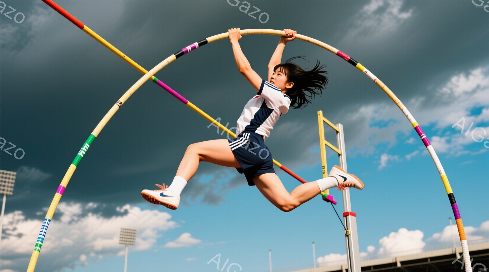 空中で高く跳躍する女子高生が写っている。彼女は白いシャツに紺色のショートパンツ、白いソックスとスニーカーを着用し、髪はポニーテールになっている。背景には青空と白い雲が広がり、競技場のポールと支柱が見える。