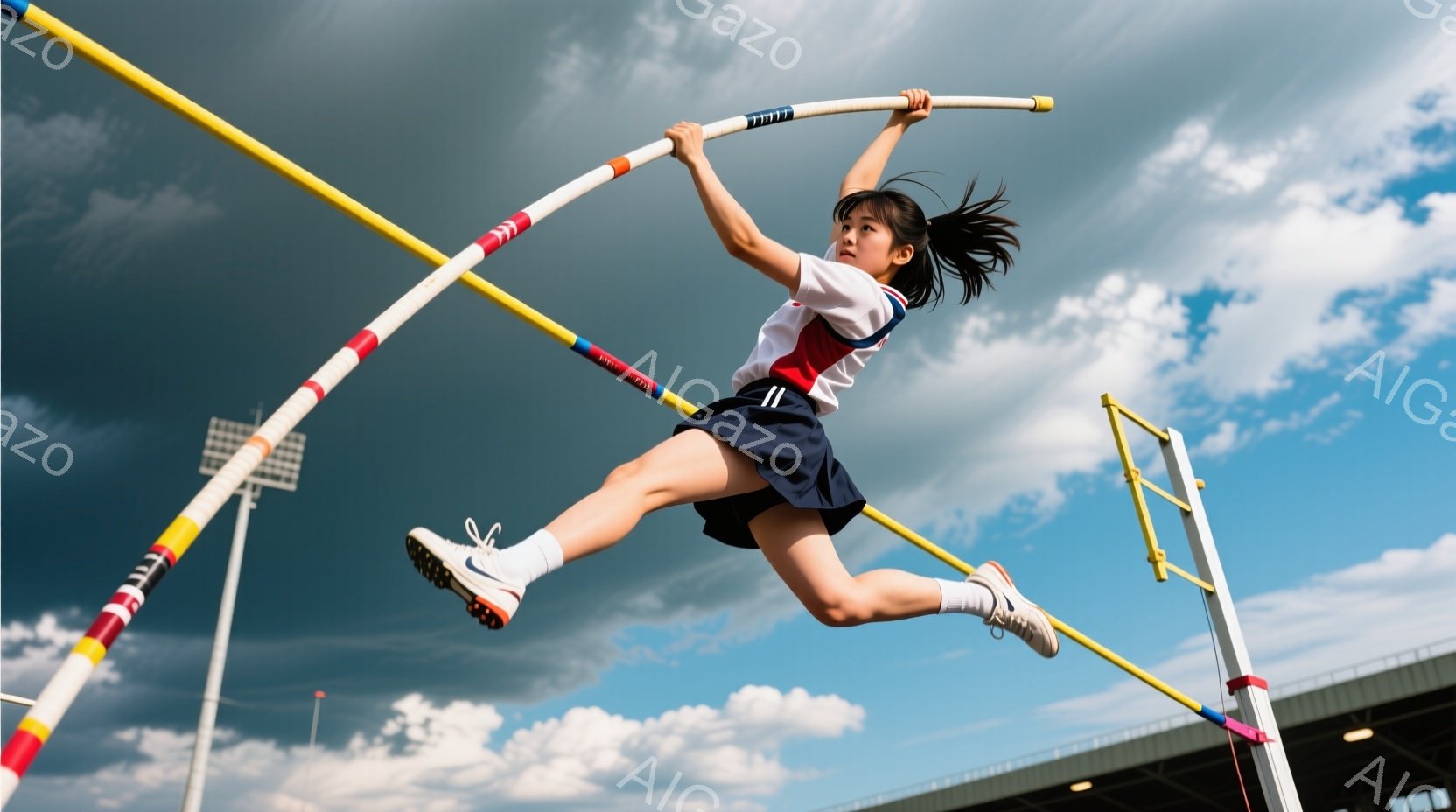 女子は高跳びの最中、空中で体を大きく反らせています。白いシャツに紺色のスカート、そしてスニーカーという運動着を着ており、黒いポニーテールにしています。青空と白い雲が広がる背景には、陸上競技場のポールとネットが見え、活気ある競技の雰囲気が伝わってきます。