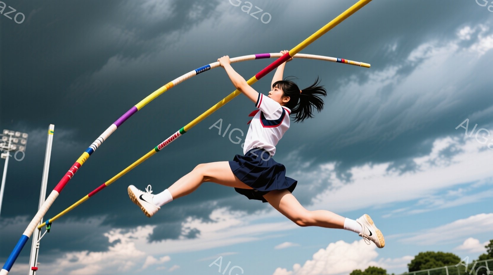 青空と雲を背景に、制服姿の女子高生が高い棒高跳びの途中にいます。彼女は黒いポニーテールで、空中で体を伸ばし、棒をしっかりと握っています。緑の芝生と遠くの木々が広がり、活気のあるスポーツの瞬間を捉えてい - AI生成フリー素材