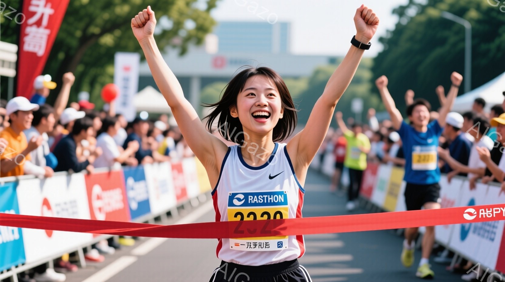 マラソンのフィニッシュラインを切る女性ランナーが写っています。彼女は青いランニングシャツと黒いショートパンツを着用し、髪をポニーテールにしています。満面の笑みを浮かべ、両手を高く上げ、勝利の瞬間を表現しています。