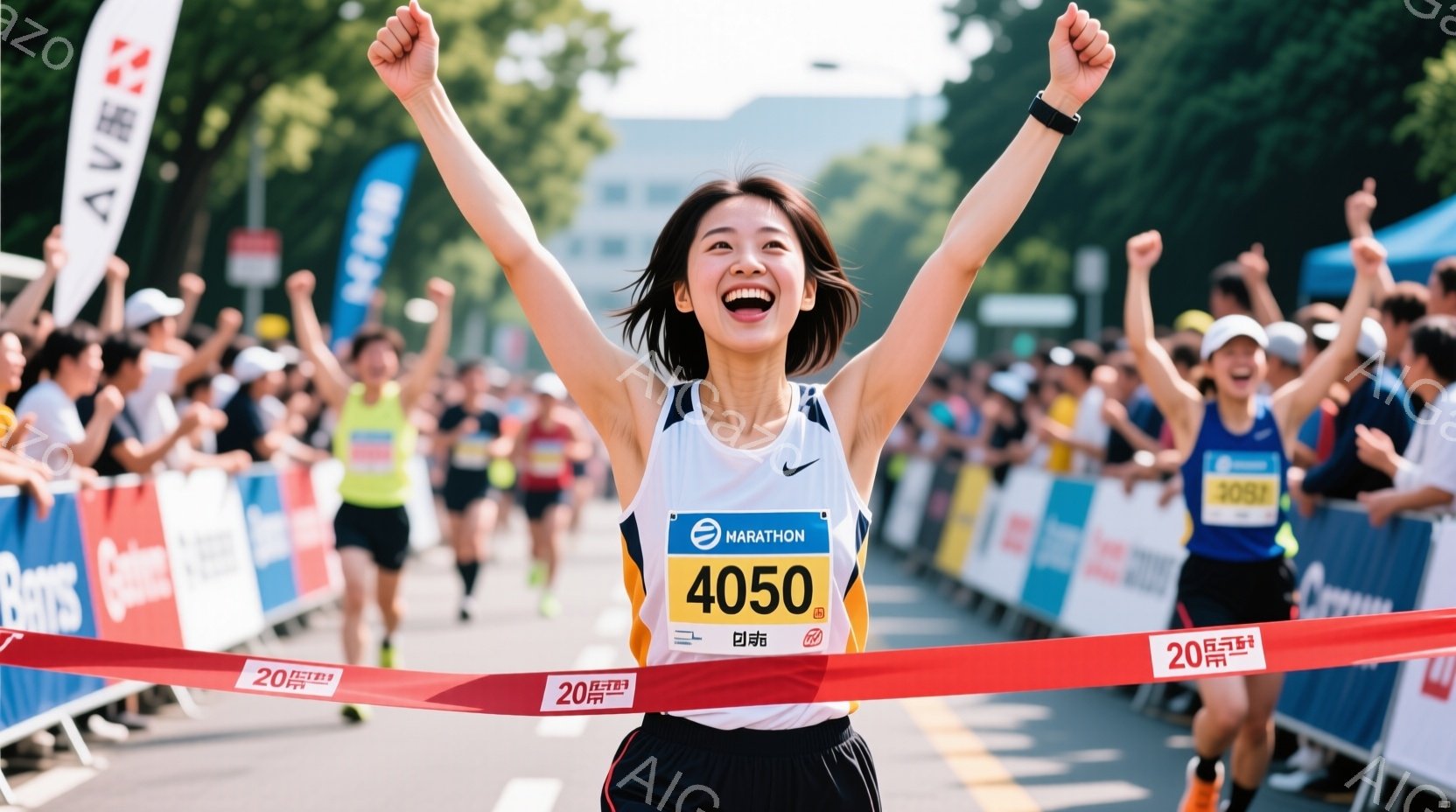 マラソンのフィニッシュラインを駆け抜ける女性ランナーが写っている。彼女は白いタンクトップと黒いショートパンツを着用し、髪をポニーテールにしている。満面の笑みを浮かべ、両手を高く上げて勝利を喜んでいる様子は、達成感と興奮に満ちている。