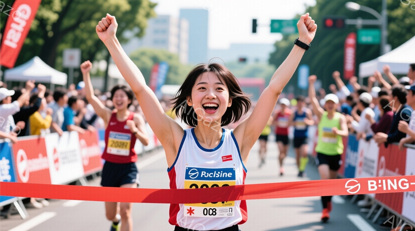 マラソンのゴールテープを切る女性ランナーが写っています。彼女は白地に赤と青のスポンサーロゴが入ったタンクトップと黒のショーツを着用し、髪は後ろで一つにまとめられています。背景には他のランナーや観客、そして高層ビルが見え、晴天の下、ゴールテープを切る瞬間を捉えた躍動感あふれる写真です。