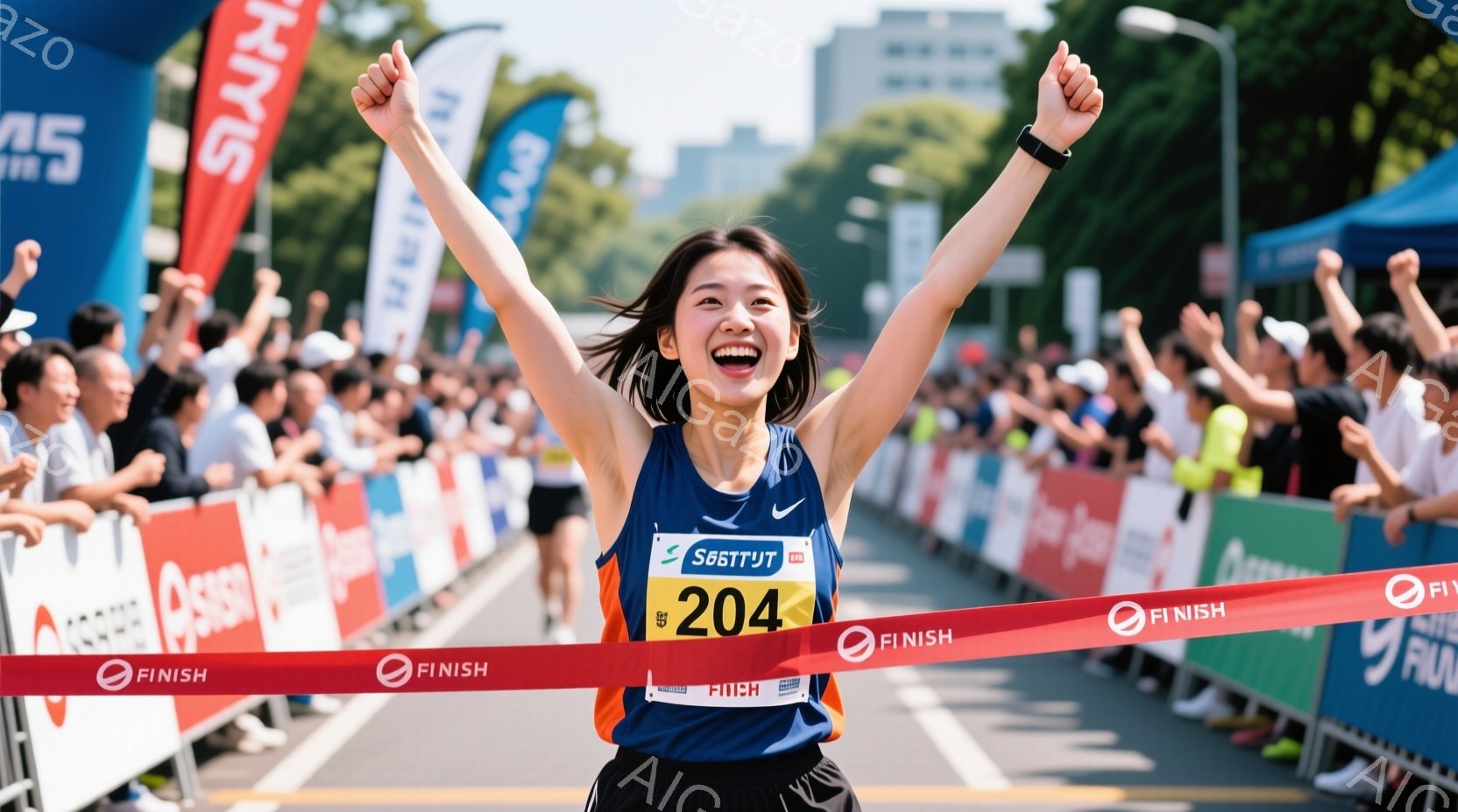マラソン競技者がフィニッシュラインを切る瞬間を捉えた写真です。青いランニングシャツに黒いショーツ姿で、204というゼッケンをつけ、両手を高く挙げ、満面の笑みを浮かべています。背景には多くの観客がおり、 - AI生成フリー素材