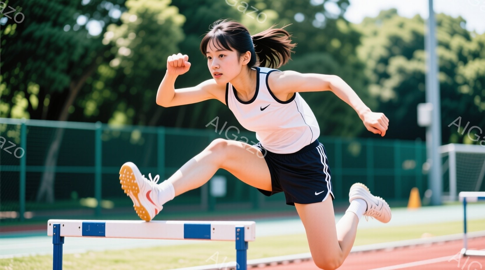 競技場でハードルを飛び越える女性アスリートが写っている。白いタンクトップに紺色の短パン、そして白のスニーカーを着用し、髪はポニーテールにしている。彼女は勢いよくハードルを飛び越え、集中した表情でゴールを目指している。