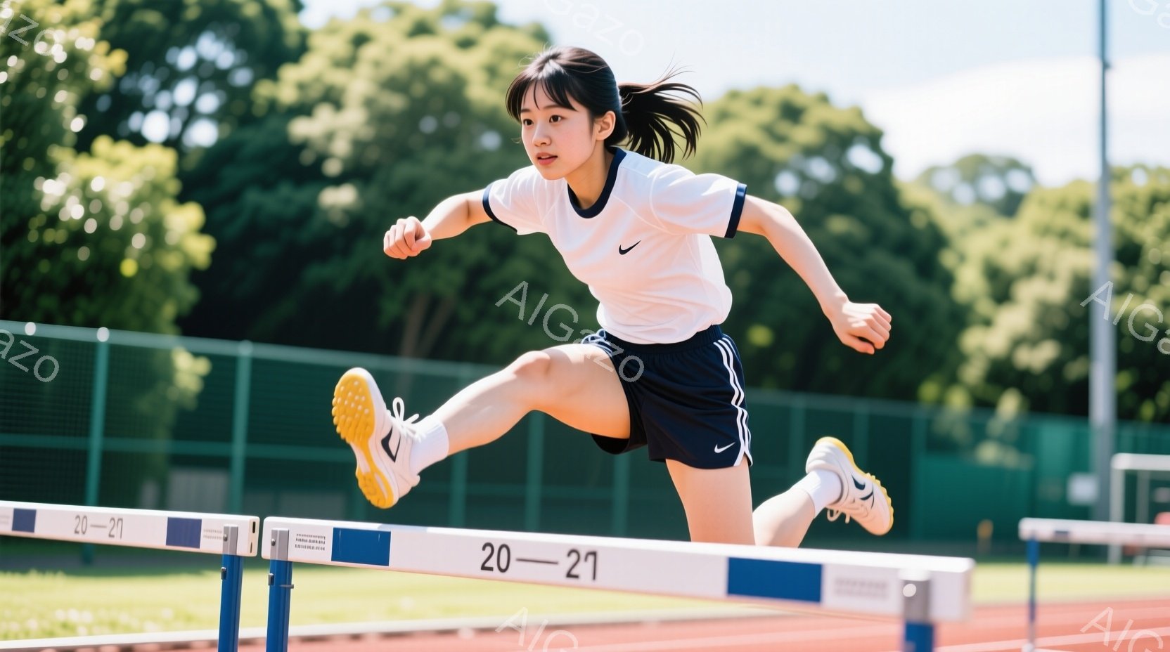 競技場でハードルを跳んでいる女性が写っています。白いTシャツと紺色の短パンを着用し、ポニーテールにしています。彼女は空中で脚を高く上げ、集中した表情でハードルをクリアしようとしています。