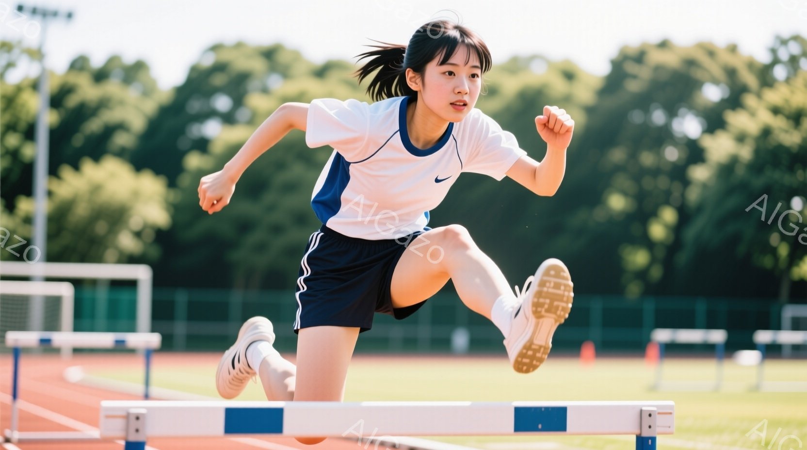 女子はトラック競技場でハードルを飛び越えています。白いTシャツに紺色の短パン、運動靴を身につけ、髪は後ろでポニーテールに結んでいます。背景には緑豊かな木々と青空が広がり、晴れた日の運動会の活気を感じさせる一枚です。