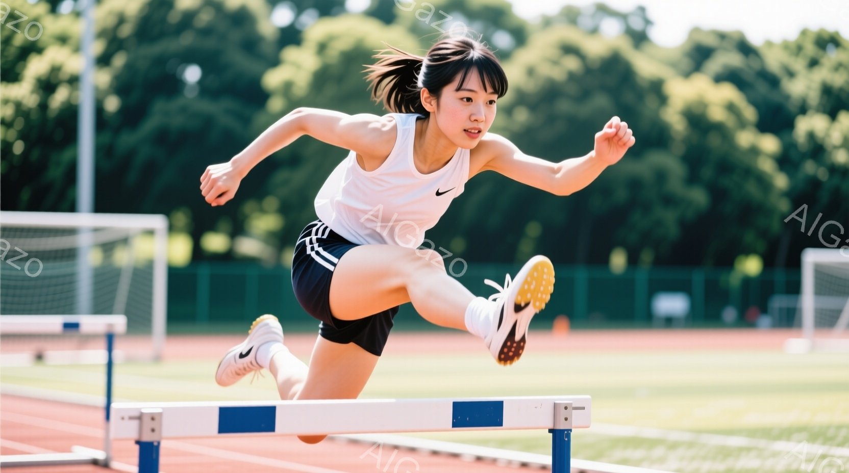 若い女性が陸上競技場でハードルを飛び越えています。彼女は白いタンクトップと黒いショートパンツを着ており、ポニーテールにしています。背景には緑豊かな木々と青空が見え、晴れた日の活気あるトレーニングの様子 - AI生成フリー素材
