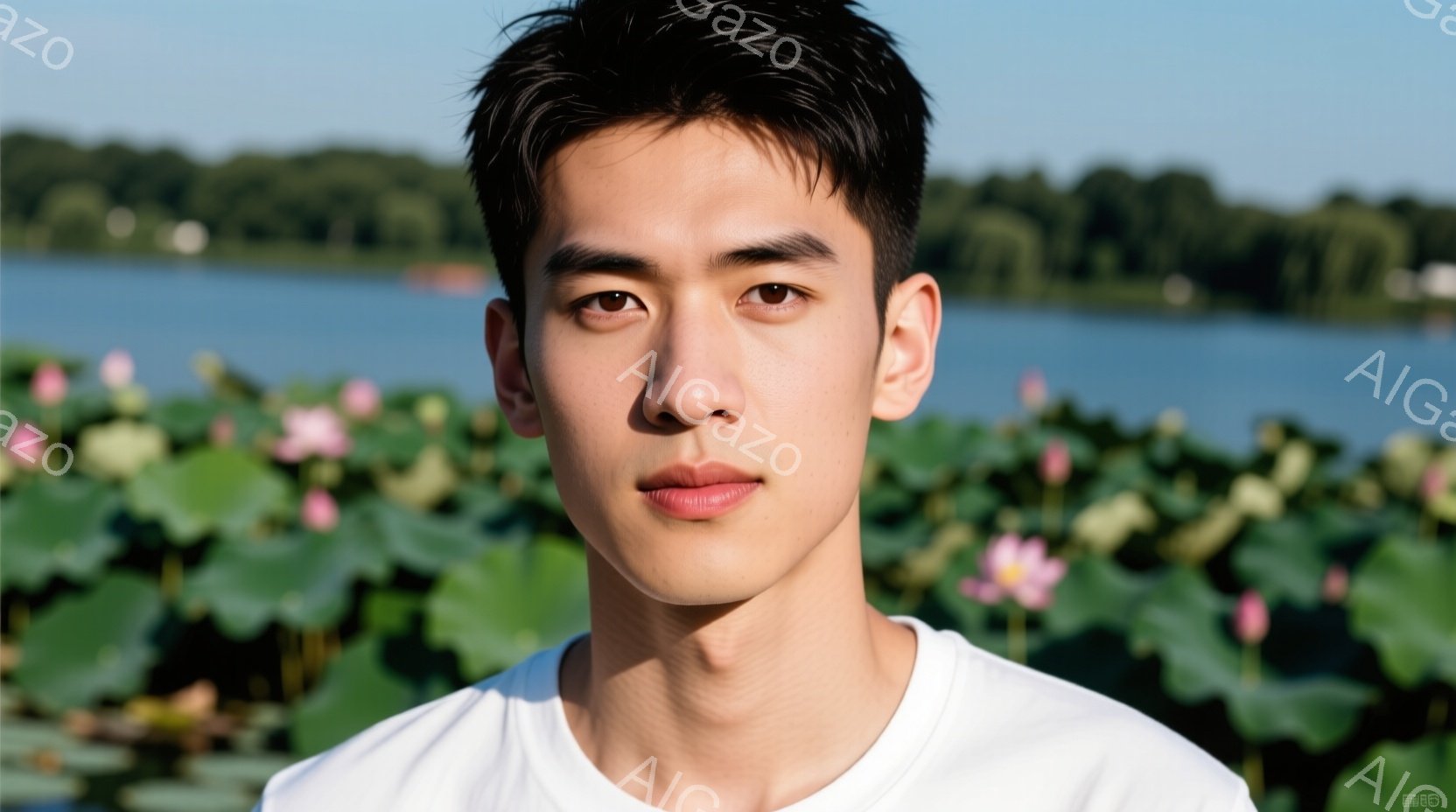 若い男性が正面を向いて写っており、白いTシャツを着用しています。彼の髪は黒く、短く整えられ、表情は穏やかで、わずかに微笑んでいます。背景には緑の睡蓮の葉と、ぼやけた水面と遠くの緑の木々が見え、晴れた日の穏やかな雰囲気が漂っています。